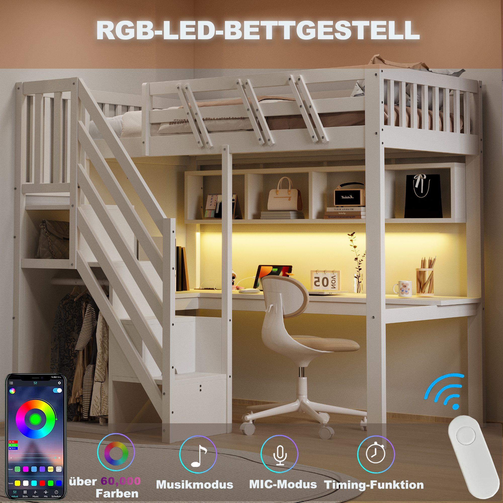 Merax Hochbett mit LED-Beleuchtung und USB-Anschluss (1-St., Massivholz Jugendbett Einzelbett) Kinderbett 90x200cm mit Stauraumtreppe, Schreibtisch & Ablagefläc – Bild 4 von 5