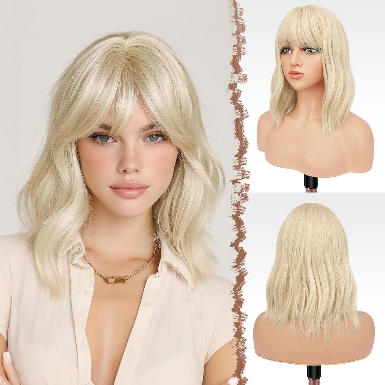 LuxusKollektion Kunsthaarperücke Perücke Bob Pony Schulterlänge Kunsthaar 35cm Damen Hellblond