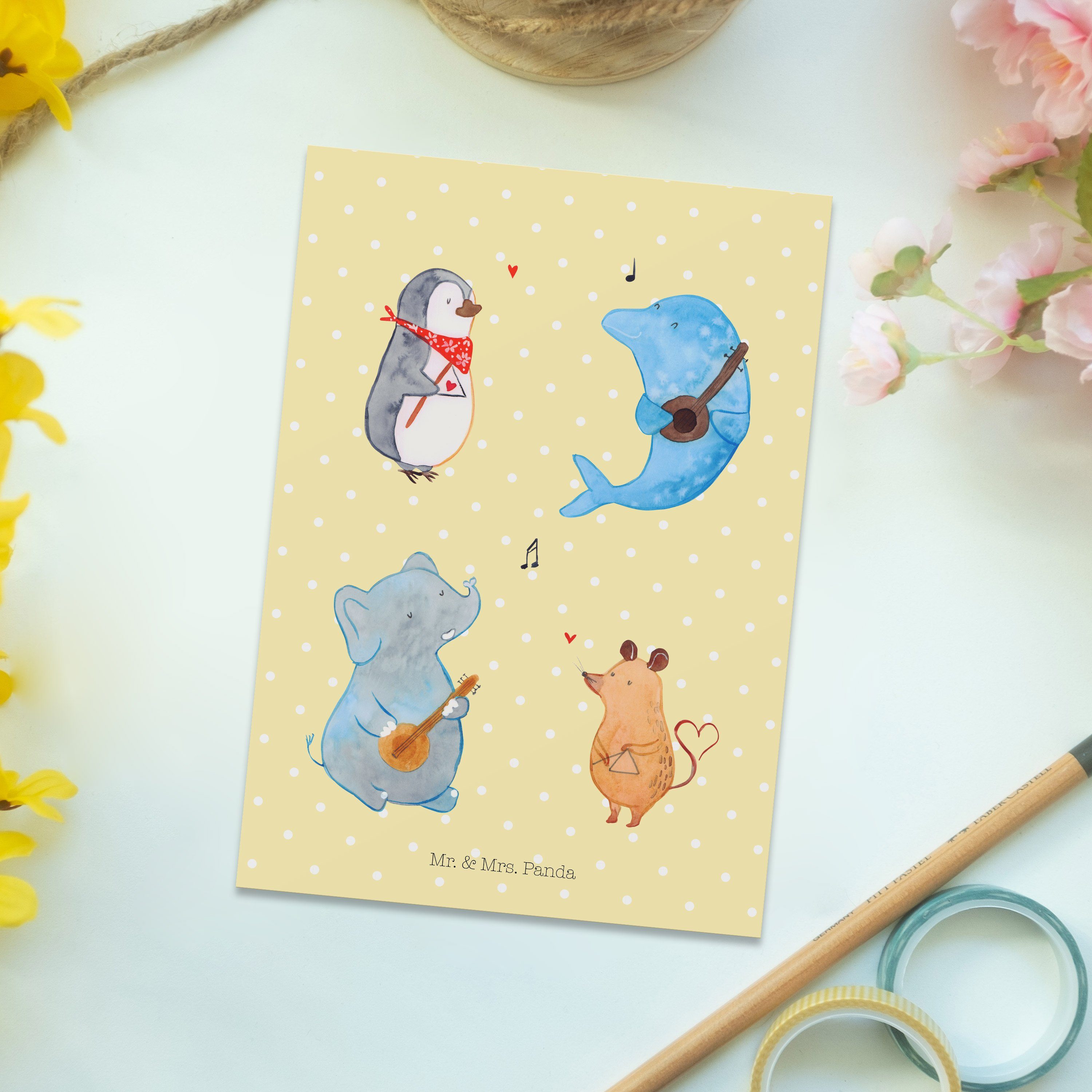 Mr. & Mrs. Panda Postkarte - Geschenk, - Band Pastell Mus Big Tiermotive, Gelb Geburtstagskarte
