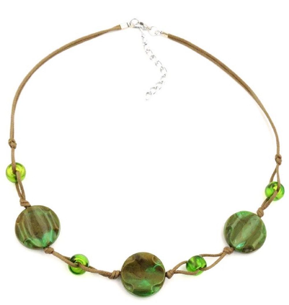 Collier Kette Kunststoffperlen Scheibe khaki-grün-marmoriert 45 cm
