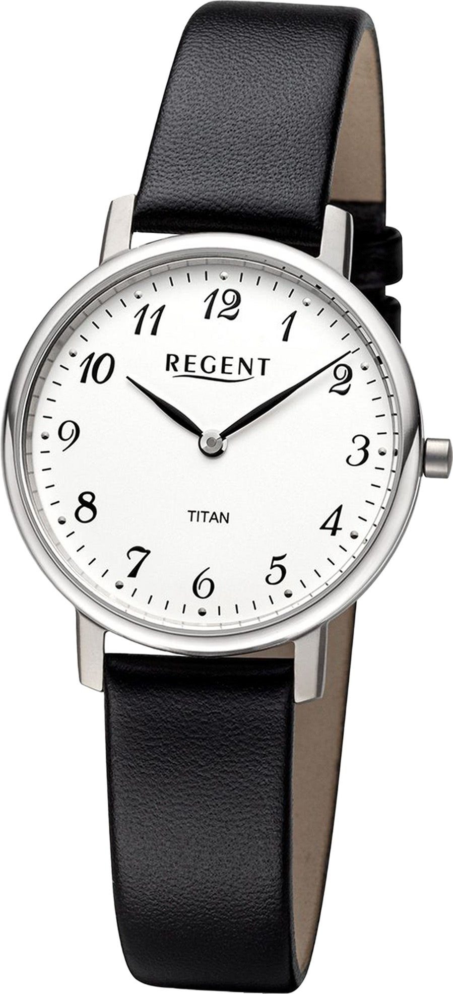 Regent Quarzuhr Regent Damen Armbanduhr Analog, Damenuhr Lederarmband schwarz, rundes Gehäuse, extra groß (ca. 31mm)
