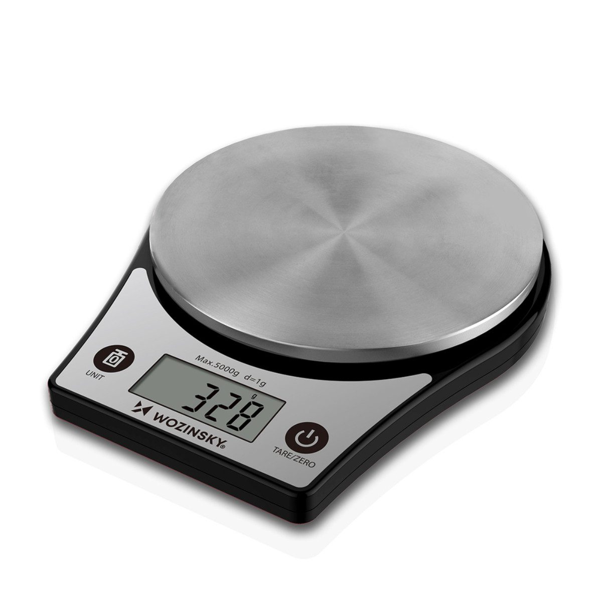 Wozinsky Küchenwaage WAK-651, (2 AAA-Batterien, 1 Küchenwaage), 5 kg Tragkraft, 1-g-Schritte, Tara und Edelstahl-Wiegefläche