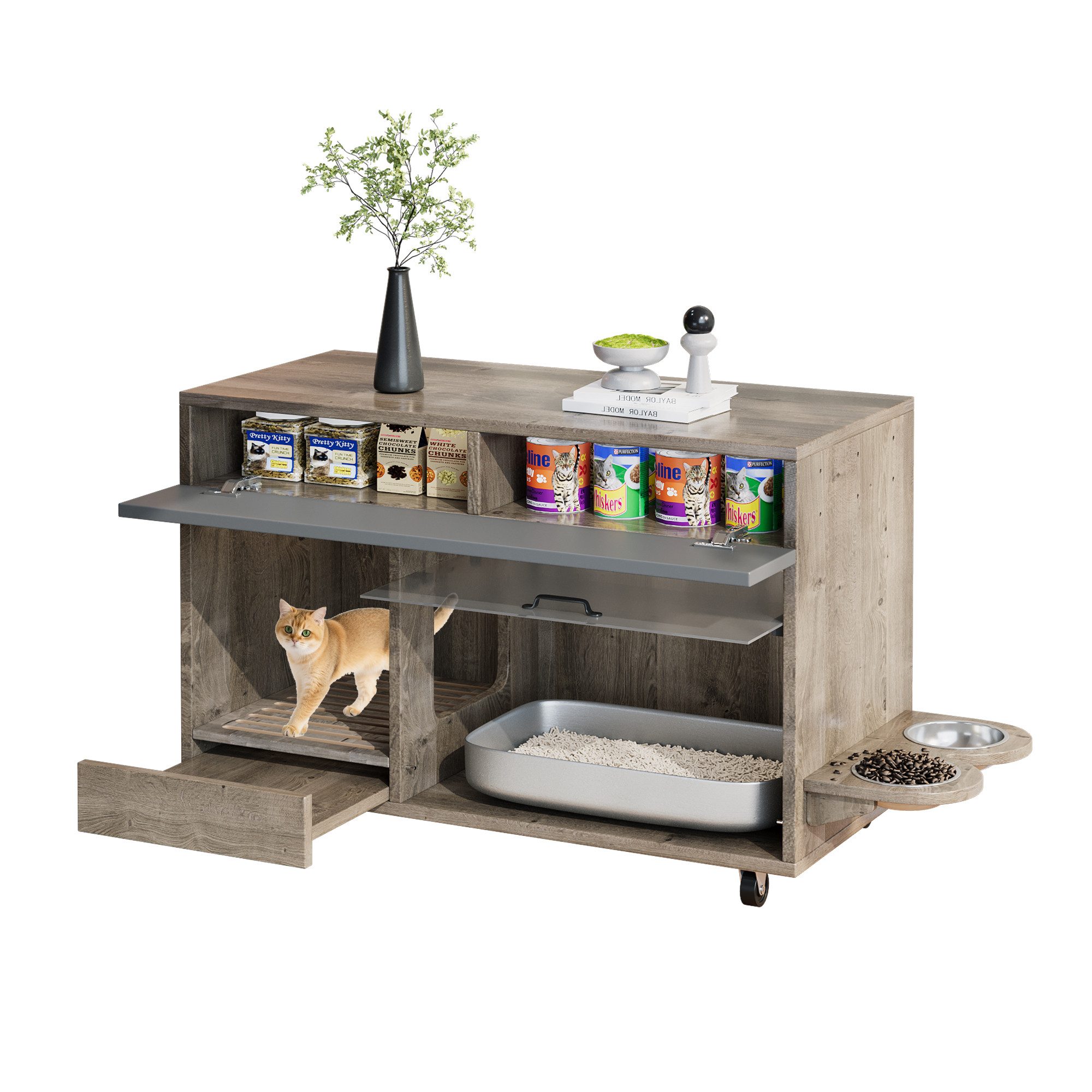 Yorbay Mehrzweckschrank Katzentoilettenschrank Sideboard mit Sandauffangmatte Futternäpfen Rollen