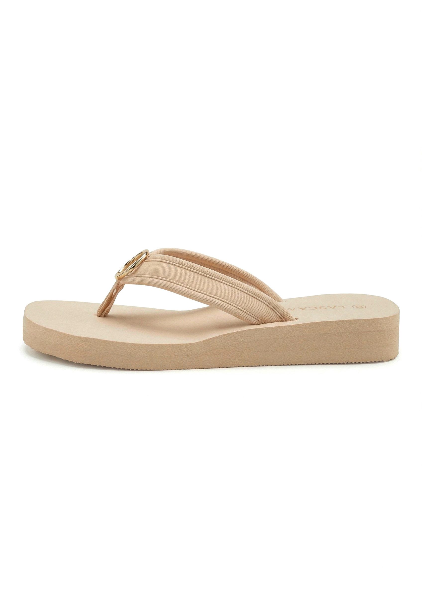 LASCANA Sandale, Badeschuh, Pantolette, Badelatsche, Flip Flop, Sommerschuh, Badezehentrenner Zehentrenner mit Ringapplikation "Italy" VEGAN
