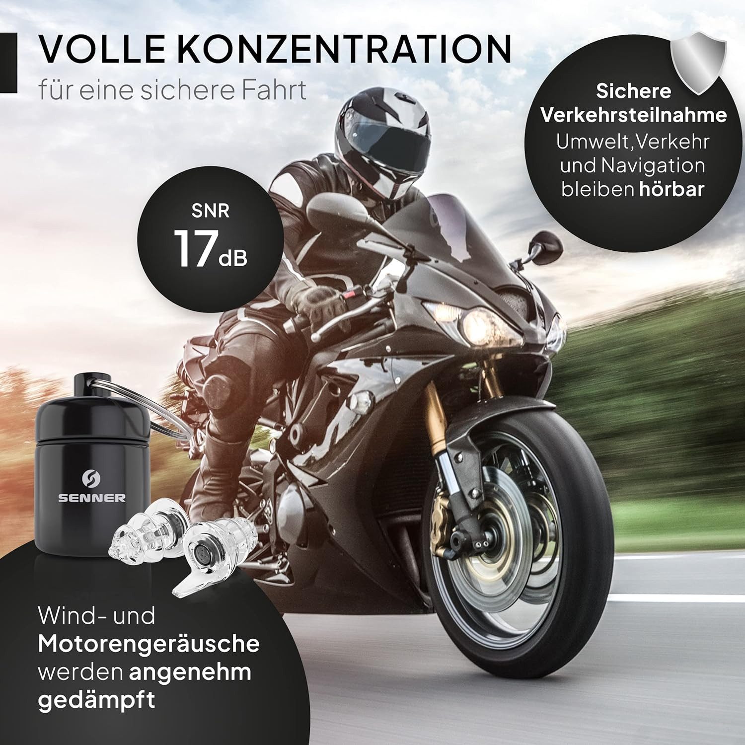 Senner Gehörschutzstöpsel MotoPro Gehörschutz - Ear Plugs Motorrad / Motorsport leicht zu tragen, Ohrstöpsel - vermindert Windgeräusche, Verkehr bleibt hörbar