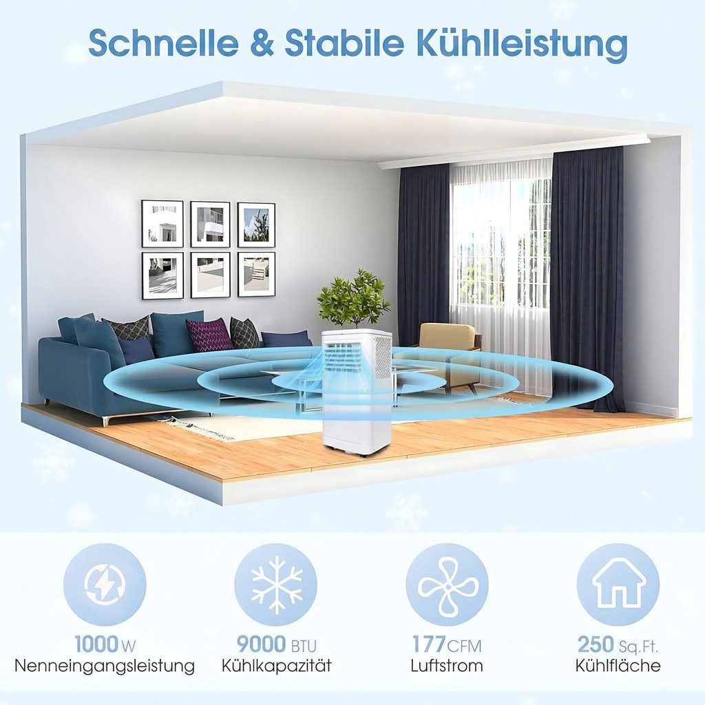 Rolipo Klimagerät Luftkühler 9000BTU 4-in-1 Entfeuchten Ventilieren mobiles Klimaanlage, Fernbedienung & 24h Timer, leise Klima für Wohnung Büro Schlafzimmer