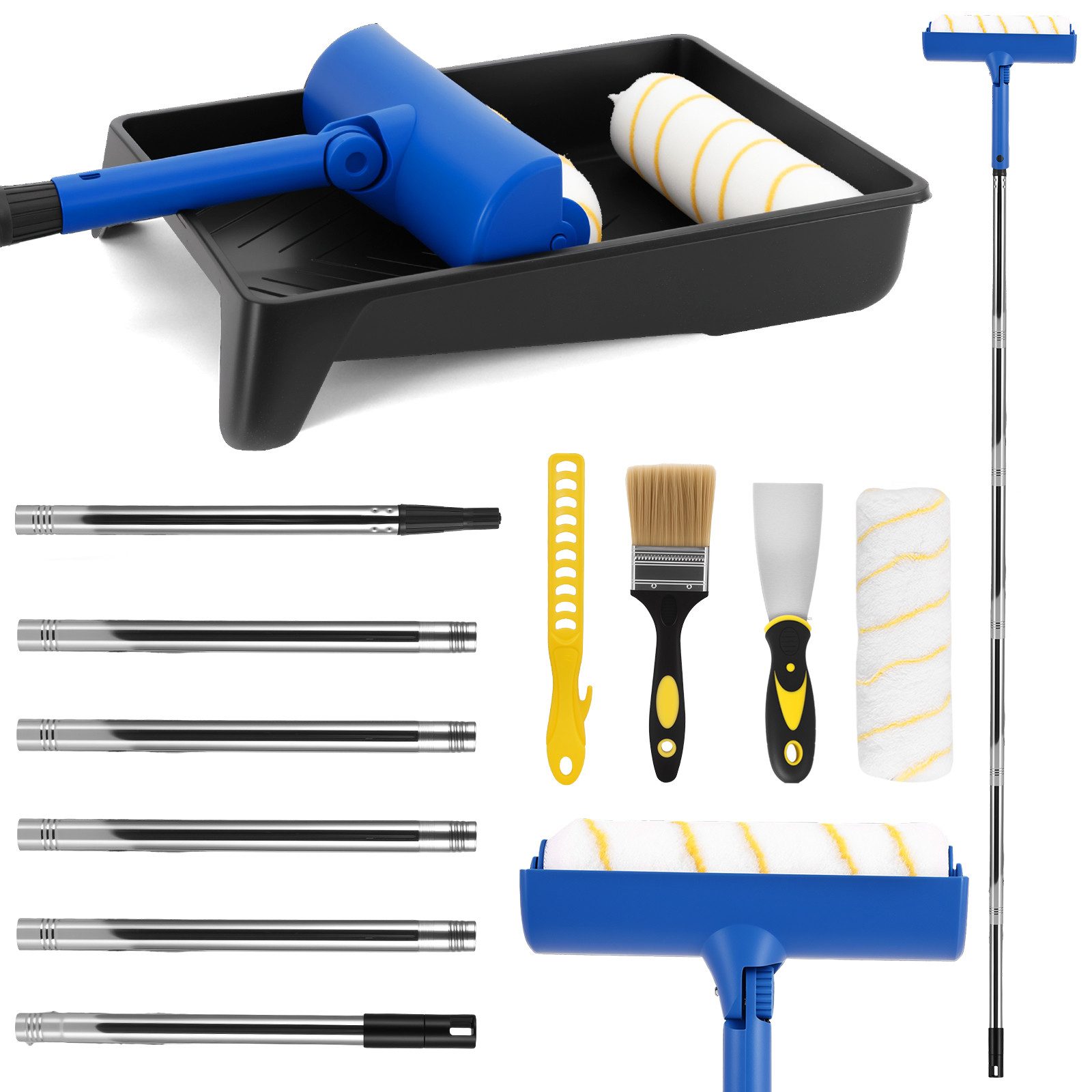BlingBin Farbroller 12-teiliges Farbroller-Set mit 180 cm Teleskopstange, Rollen, Pinsel (12er Set, 12-St., 12-teiliges Farbroller-Set), und Schaber für Wände, Decken, Türen