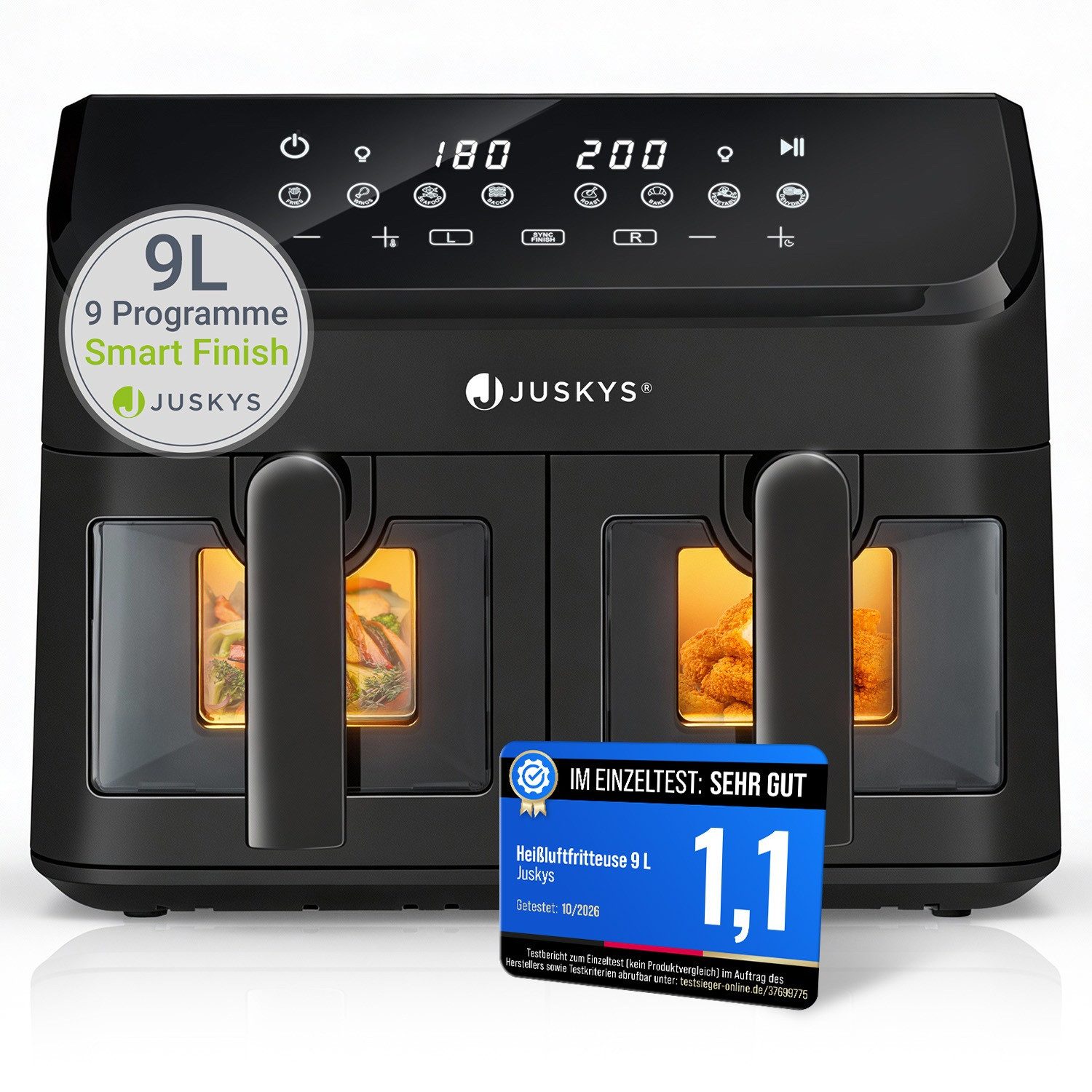 Juskys Heißluftfritteuse, 1800 W, Doppelkammer-Fritteuse mit Synchronfunktion & herausnehmbaren Gittern