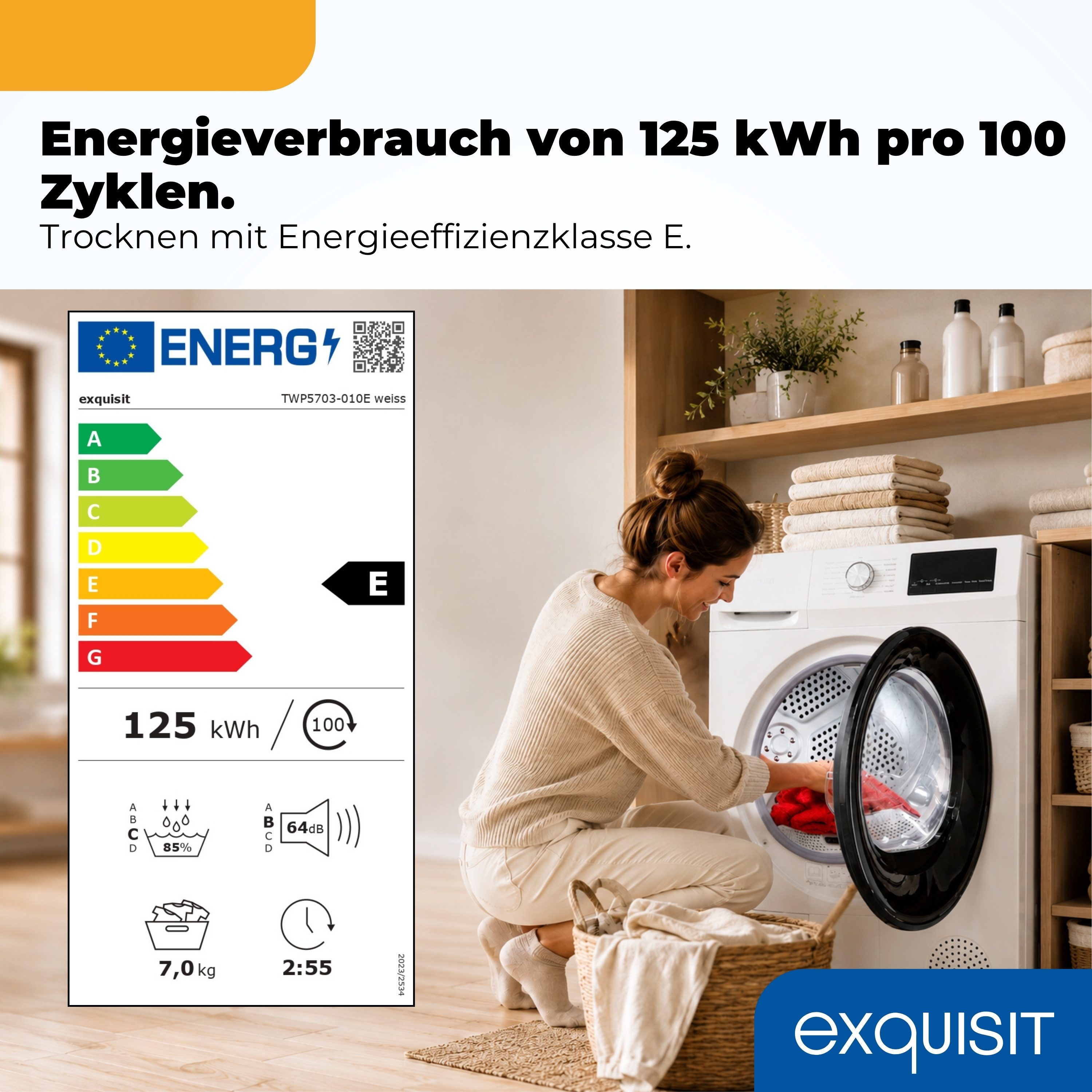 exquisit Wärmepumpentrockner TWP5703-010E, 7 kg, Energieklasse E, Geräuschklasse C, 64 dB
