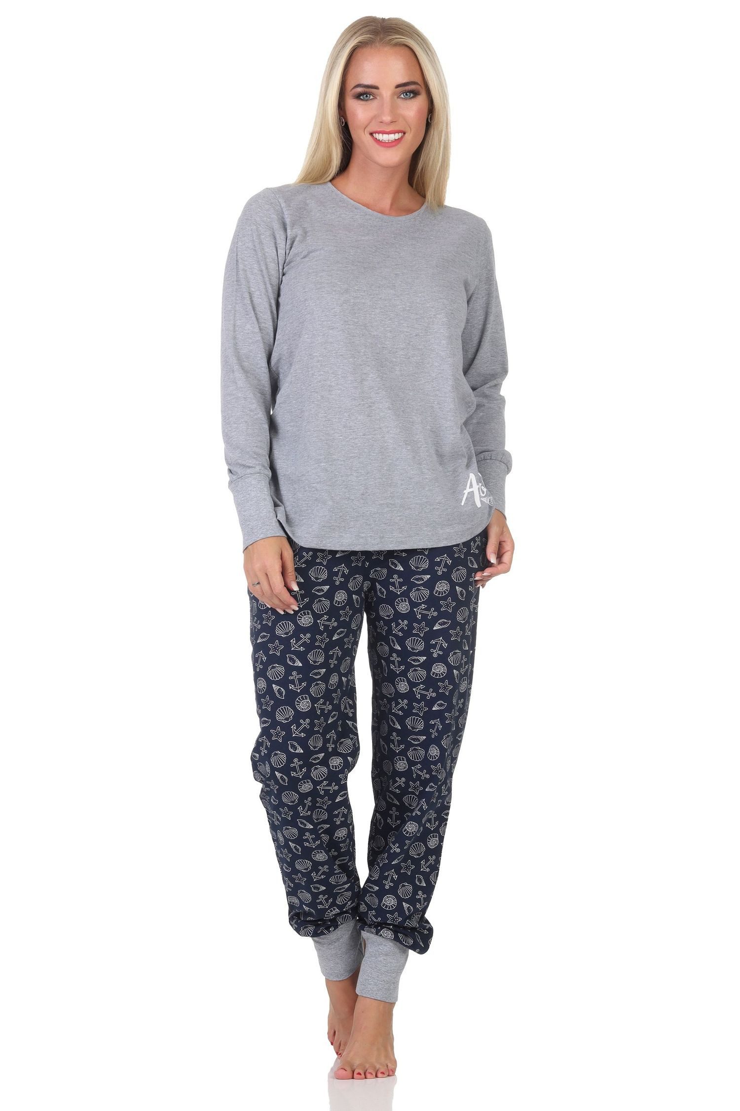 Pyjama Normann Damen Schlafanzug mit Bündchen in maritimer Optik