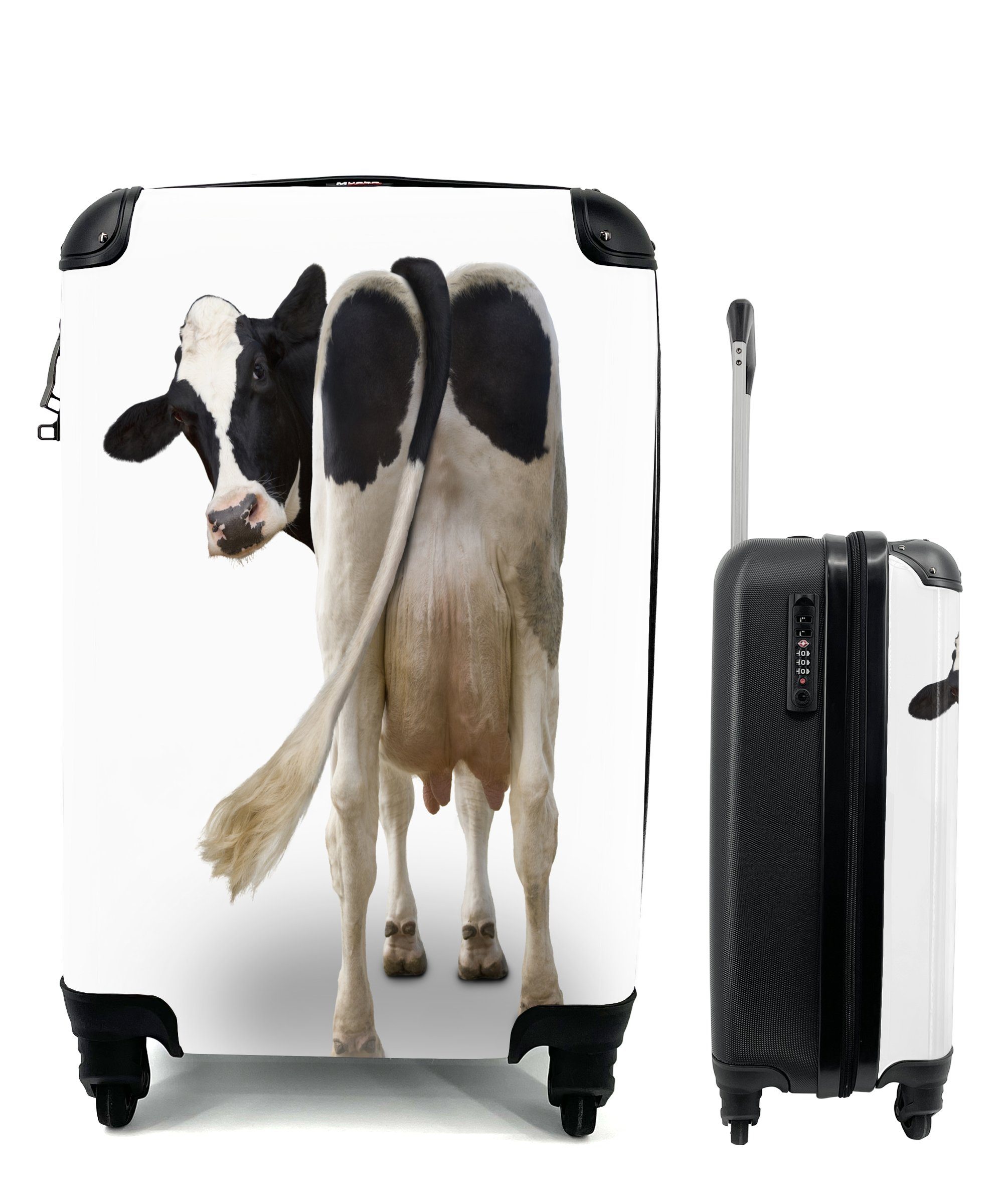 MuchoWow Handgepäckkoffer Kuh schaut von Trolley, auf Rollen, rollen, Hintergrund, für Ferien, hinten mit die Reisetasche Kamera weißem Reisekoffer in 4 Handgepäck