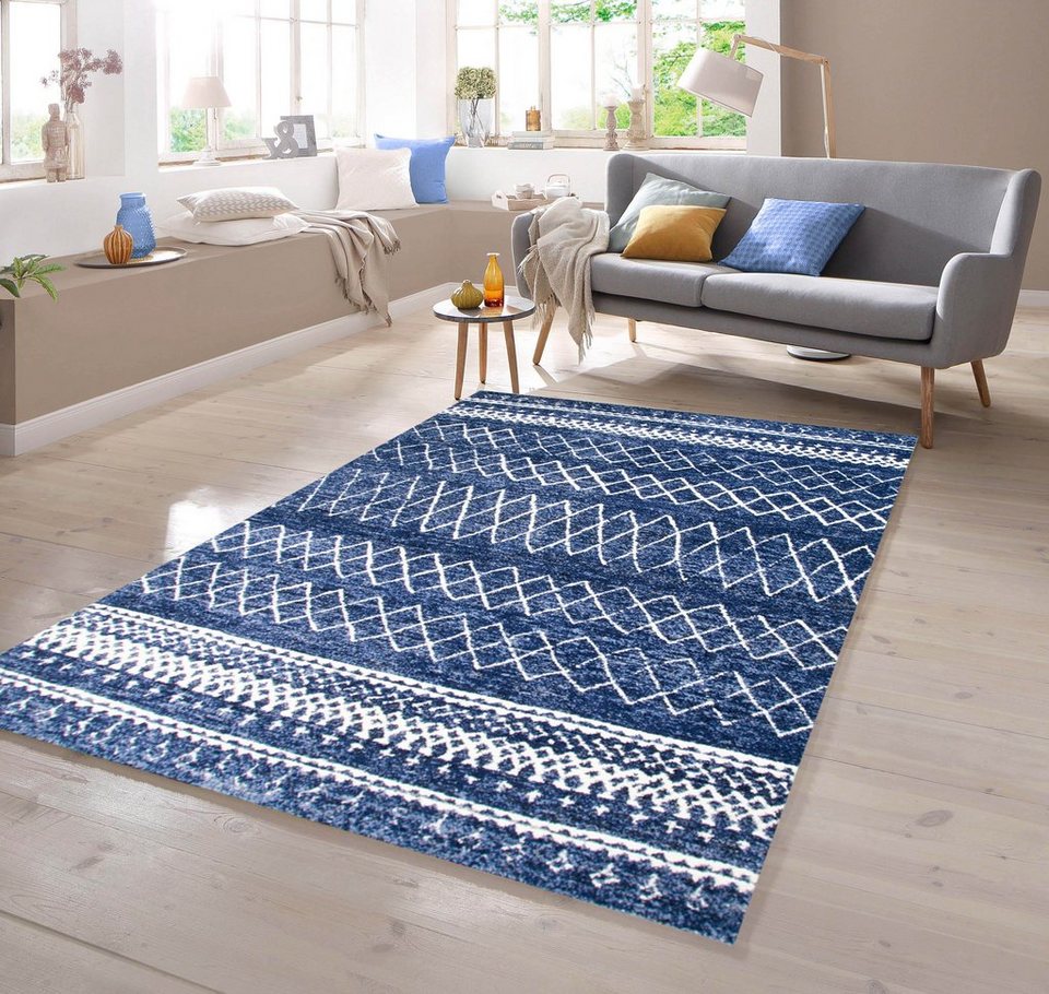 Teppich Designer Teppich mit Ornamente in Blau Creme, TeppichHome24,  rechteckig