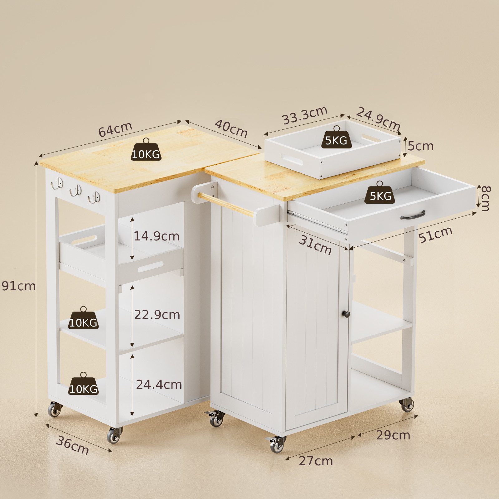 Blishom Küchenwagen Kücheninsel mit Rollen, Schublade, Tablett, 64 × 40 × 91 cm, Handtuchhalter mit Haken, höhenverstellbare Ablagen und Tabletts