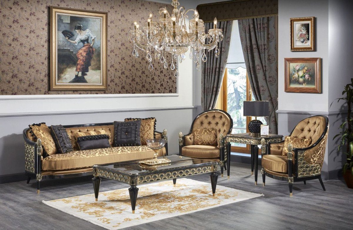 Casa Padrino Couchtisch Luxus Barock Set Gold / Schwarz - 1 Sofa & 2 Sessel & 1 Couchtisch & 1 Beistelltisch - Prunkvolle Barock Möbel - Luxus Qualität