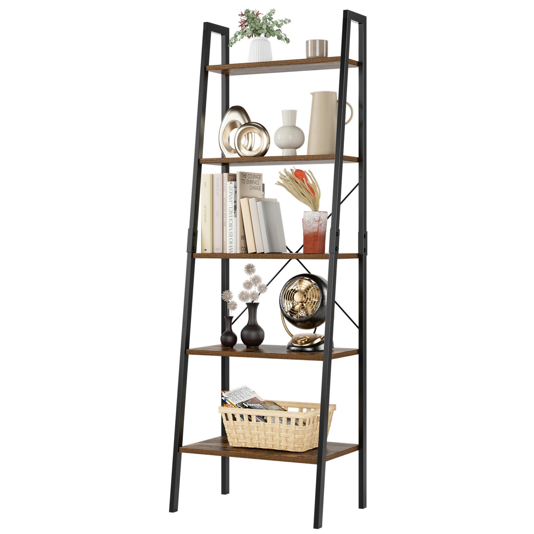 Homfa Standregal, schwarz Bücherregal Küchenregal 5 Ebenen Metall Holz 158,5 cm Vintage