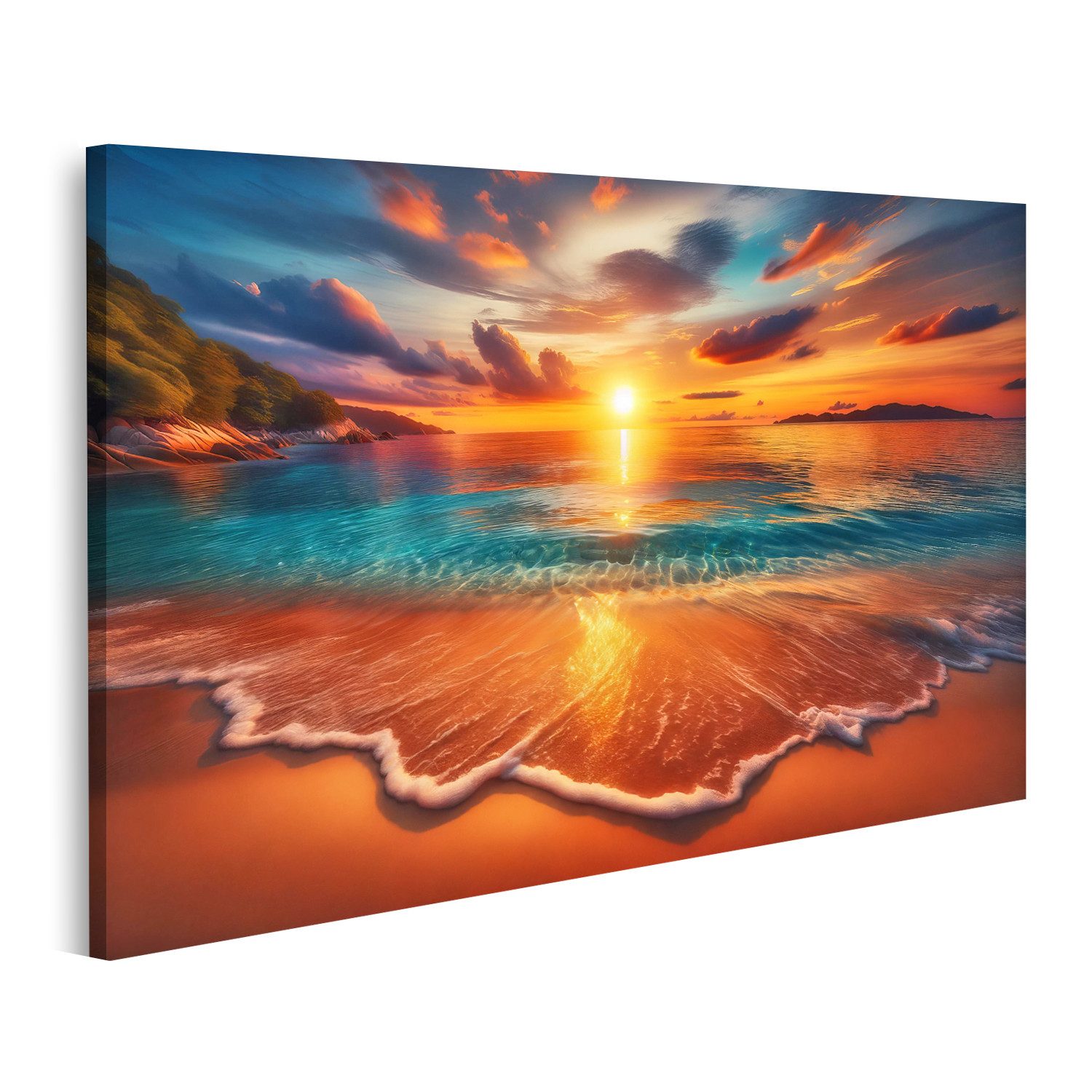 Leinwandbild Goldener Sonnenuntergang am ruhigen Strand