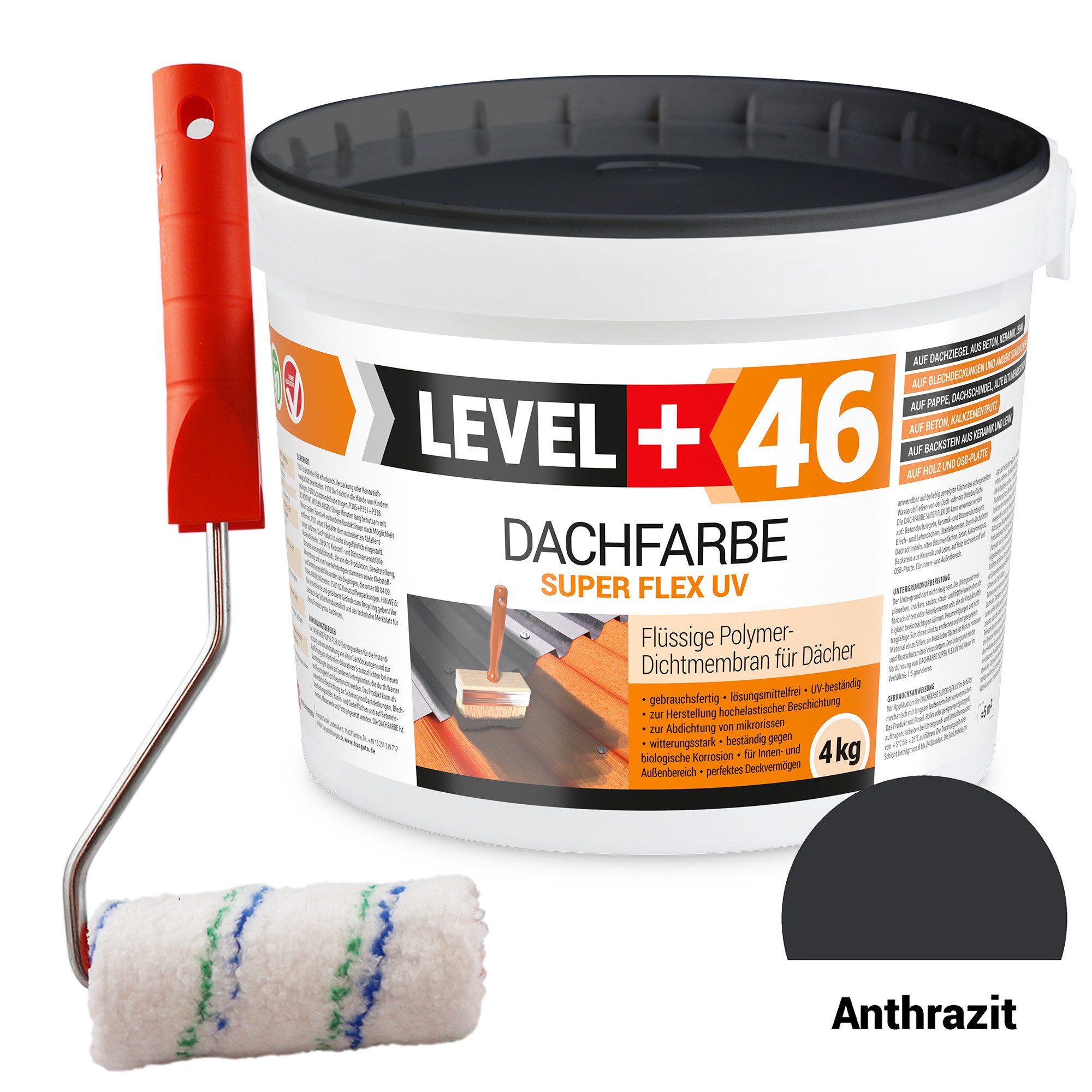 Level+ Dachfarbe Dachfarbe Sockelfarbe elastische L+46 ANTHRAZIT - 4KG + Farbroller