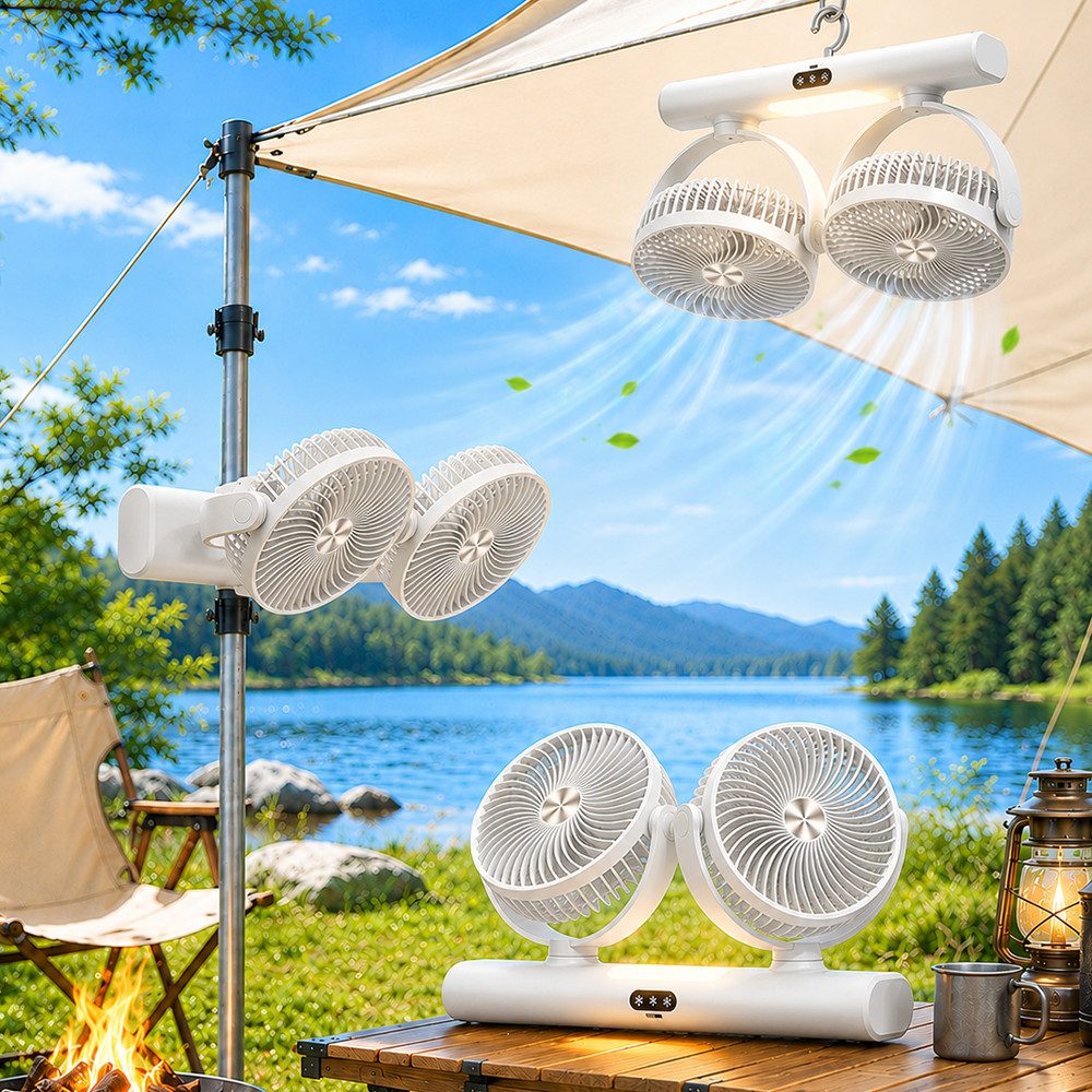 PRIISF Akku-Ventilator Akku Tischventilator USB Camping Ventilator LED Licht Deckenventilator, Tragbare Ventilatoren für Zelt, Reisen, Büro, Wohnmobil, Schlafzimmer
