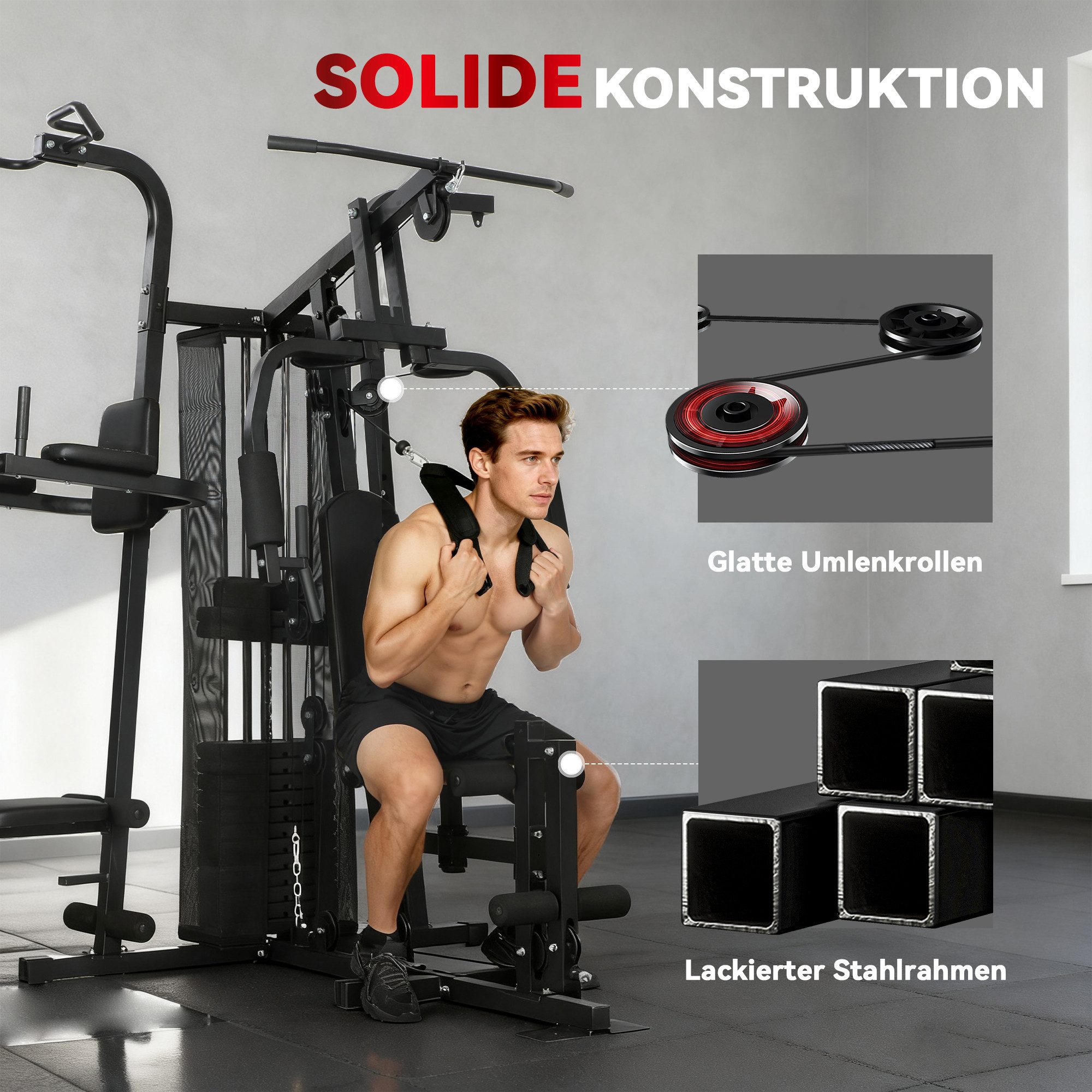 SPORTNOW Kraftstation mit Latzug, Butterflystange, 69kg Gewichten, Seil, verstellbar Bank, 12 Gewichtsblöcke (Fitnessstation, 1-tlg., Multistation), bis zu 120kg belastbar, für Zuhause