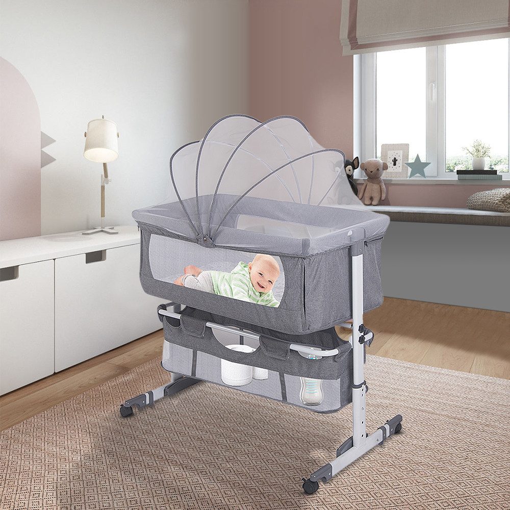 JEOBEST Babybett Beistellbett Baby Bettseitiger Bassinet für Neugeborene Tragbarer, Baby Bett mit Rädern Aufbewahrungskorb Matratze Fach Höhenverstellbar