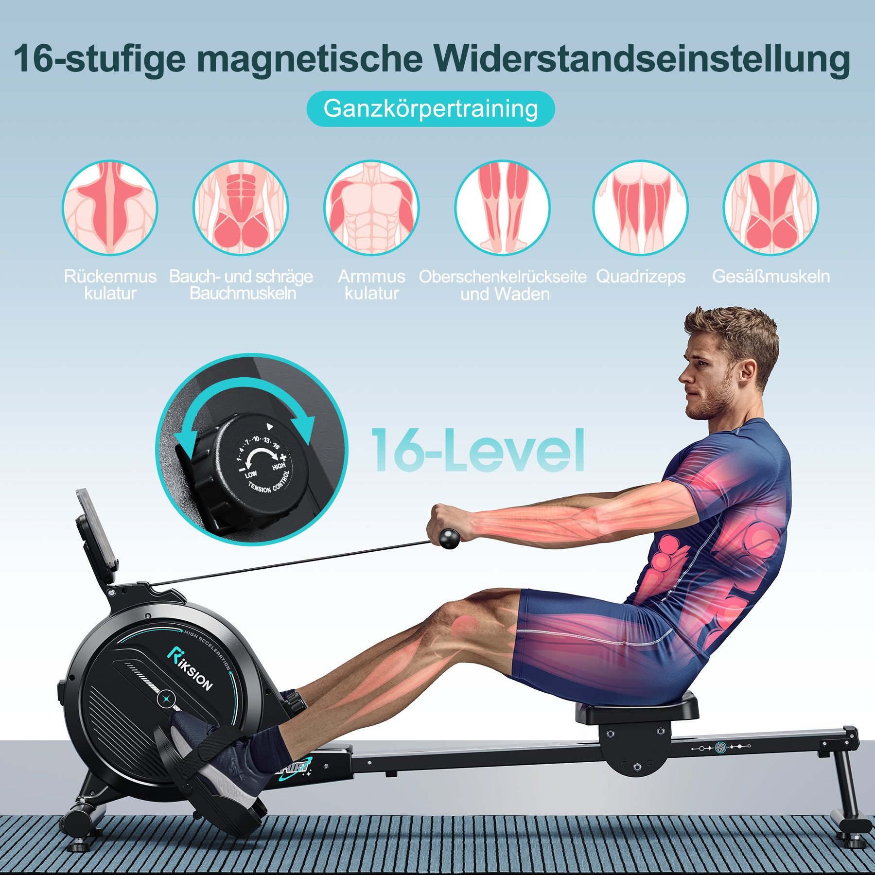 Riksion Rudergerät für Zuhause mit mit App, Rudergerät 16 Stufen Magnetwiderstand (1-tlg), Indoor-Gerät für das Home-Gym, 160 kg Kapazität mit LCD-Monitor