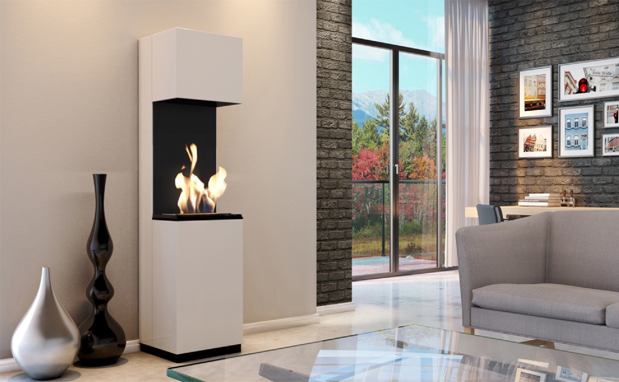Kratki Echtfeuer-Dekokamin Kratki freistehender Bio Ethanol Kamin Sierra weiß 170x41,8x40,5 cm