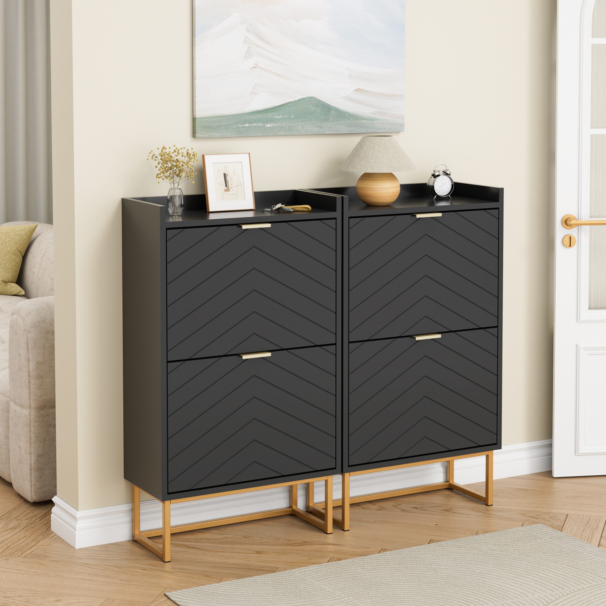 UEV Schuhschrank mit 2 Klappen, Schuhkipper Schmal, Schuhregal mit Metallfüße (50 x 24 x 103,5cm Modern Schuhaufbewahrung mit Oberplatte, Schuhkommode,Anti-Kipp-Vorrichtung für Eingangsbereich) trennwände verstellbar und abnehmbar für verschiedene Schuhtypen