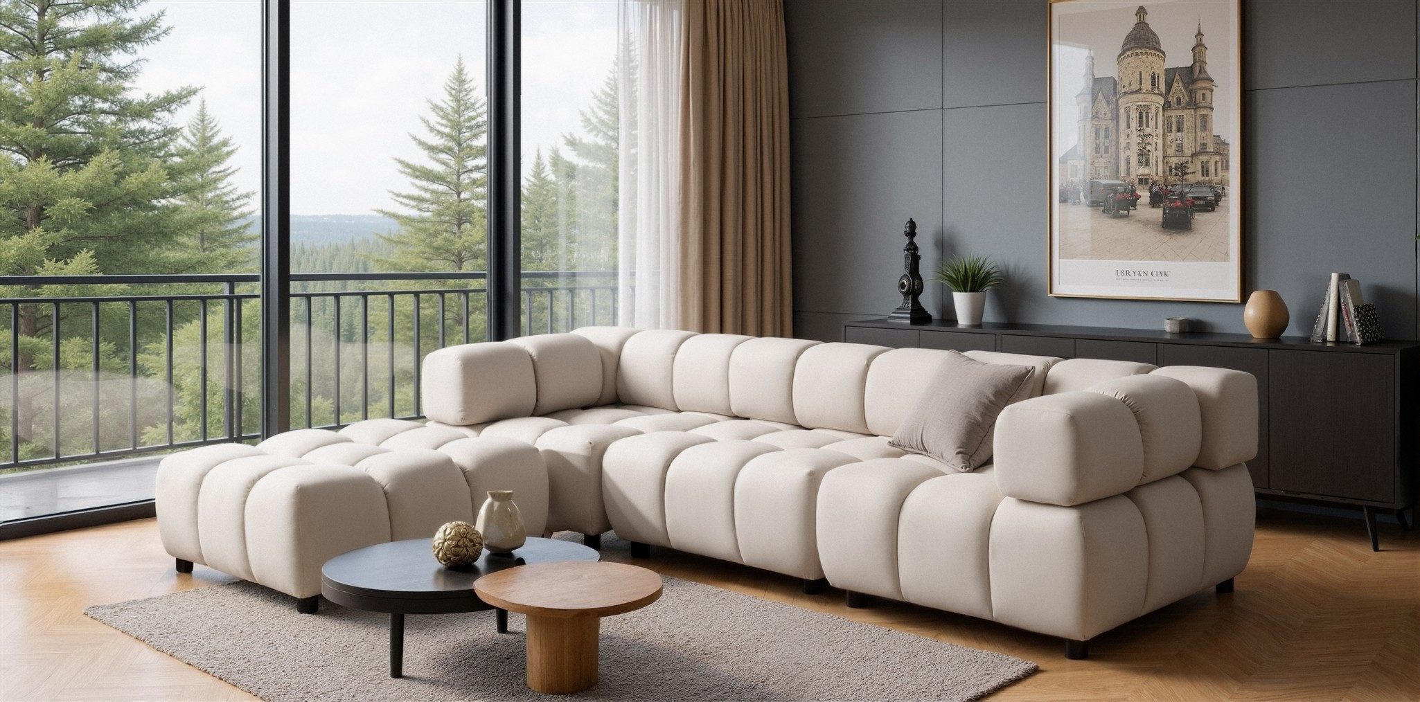 Fun Möbel 3-Sitzer Designersofa FLOW inkl.1xPolsterhocker in Stoff Bluvel, mit Hockern zum Ecksofa erweiterbar, zum Ecksofa erweiterbar