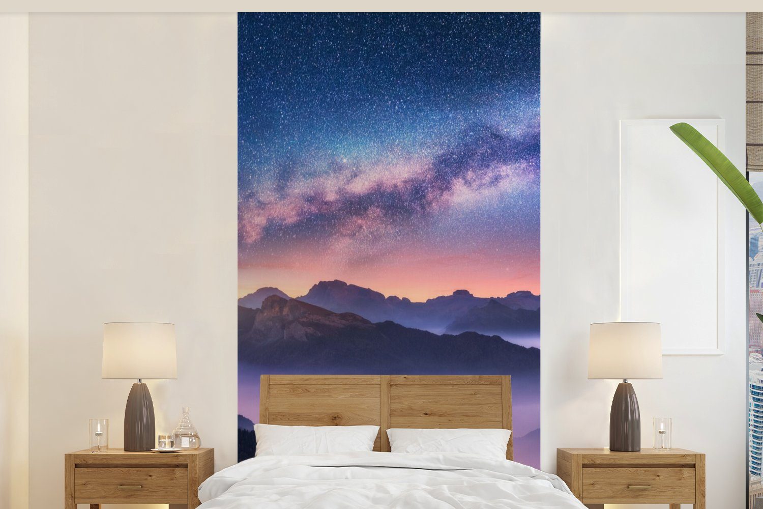 Sternenhimmel Schlafzimmer - (2 Fototapete Matt, Berge Küche, Wohnzimmer St), Vliestapete - Fototapete Nebel, für MuchoWow bedruckt,