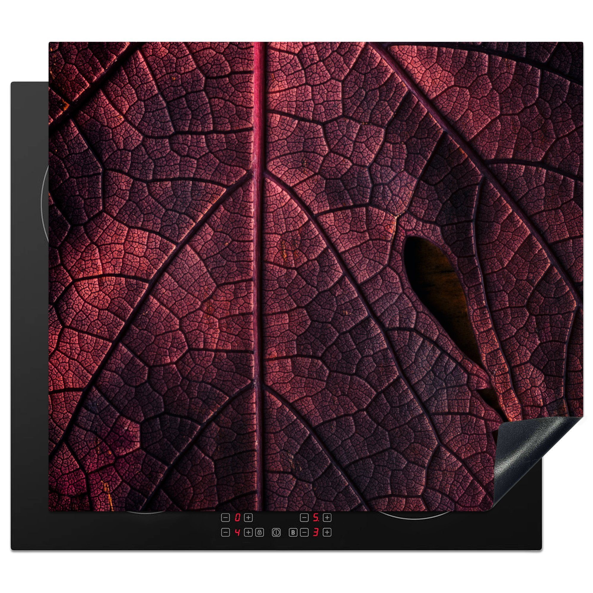 Herdblende-/Abdeckplatte - tlg), Blätter - Mobile cm, Abstrakt (1 Vinyl, Ceranfeldabdeckung Pflanze, nutzbar, - MuchoWow Arbeitsfläche 60x52 Rot
