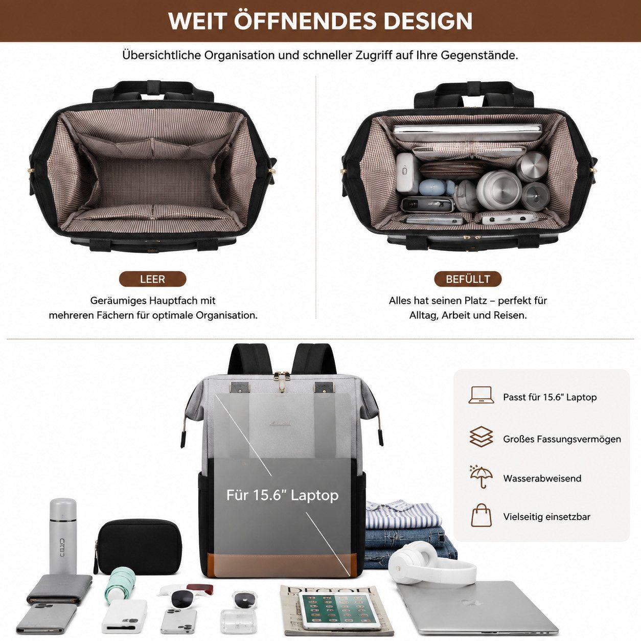 ibettertec Rucksack 2in1 Rucksack Damen Herren mit Laptopfach 15,6 Zoll & Kosmetiktasche (Geräumiger Business Rucksack, mit Organizer, Trolley-Gurt und separate – Bild 3 von 5