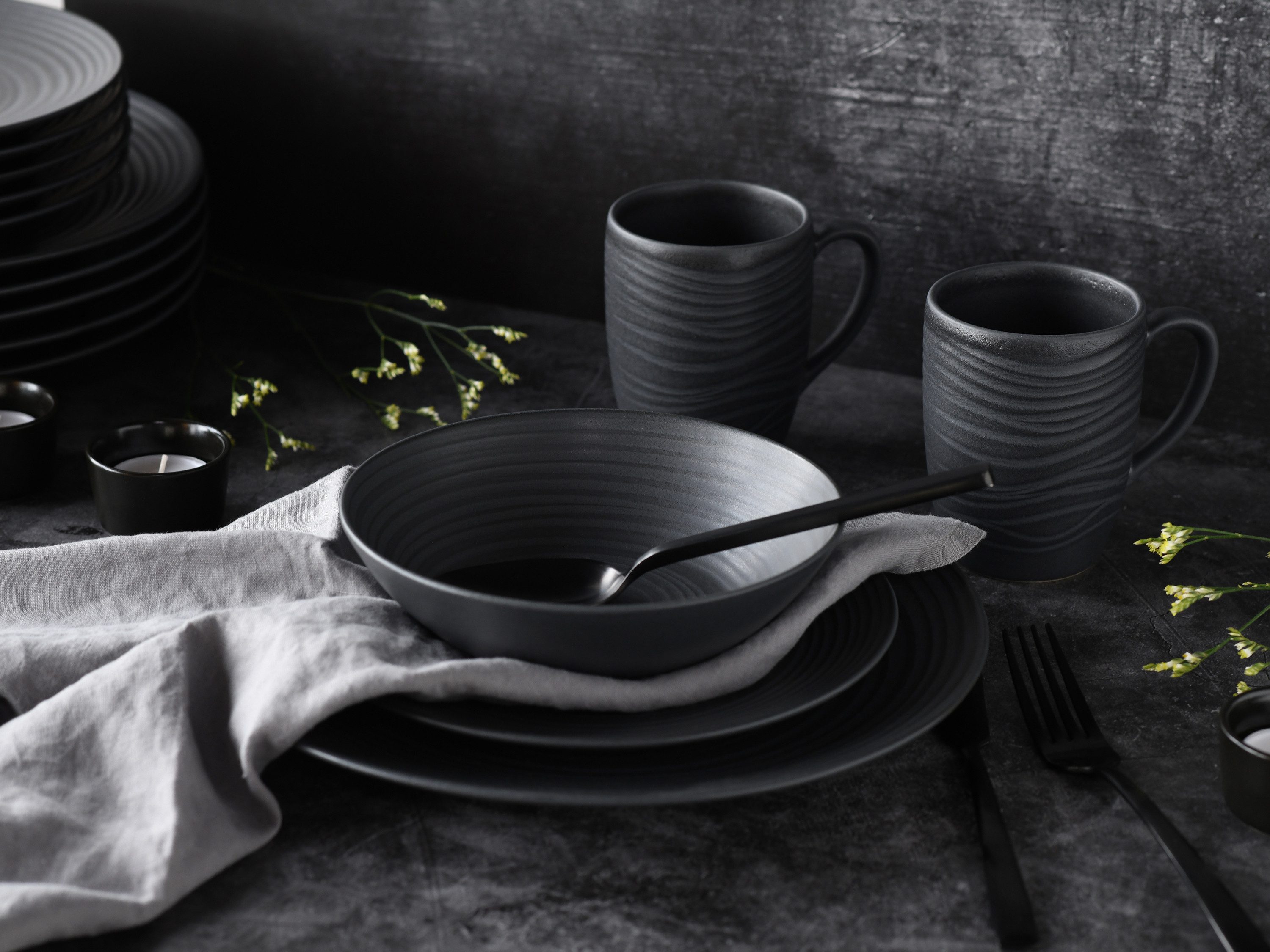 CreaTable Kombiservice Lava Stone Schwarz (24-tlg), 6 Personen, Steinzeug