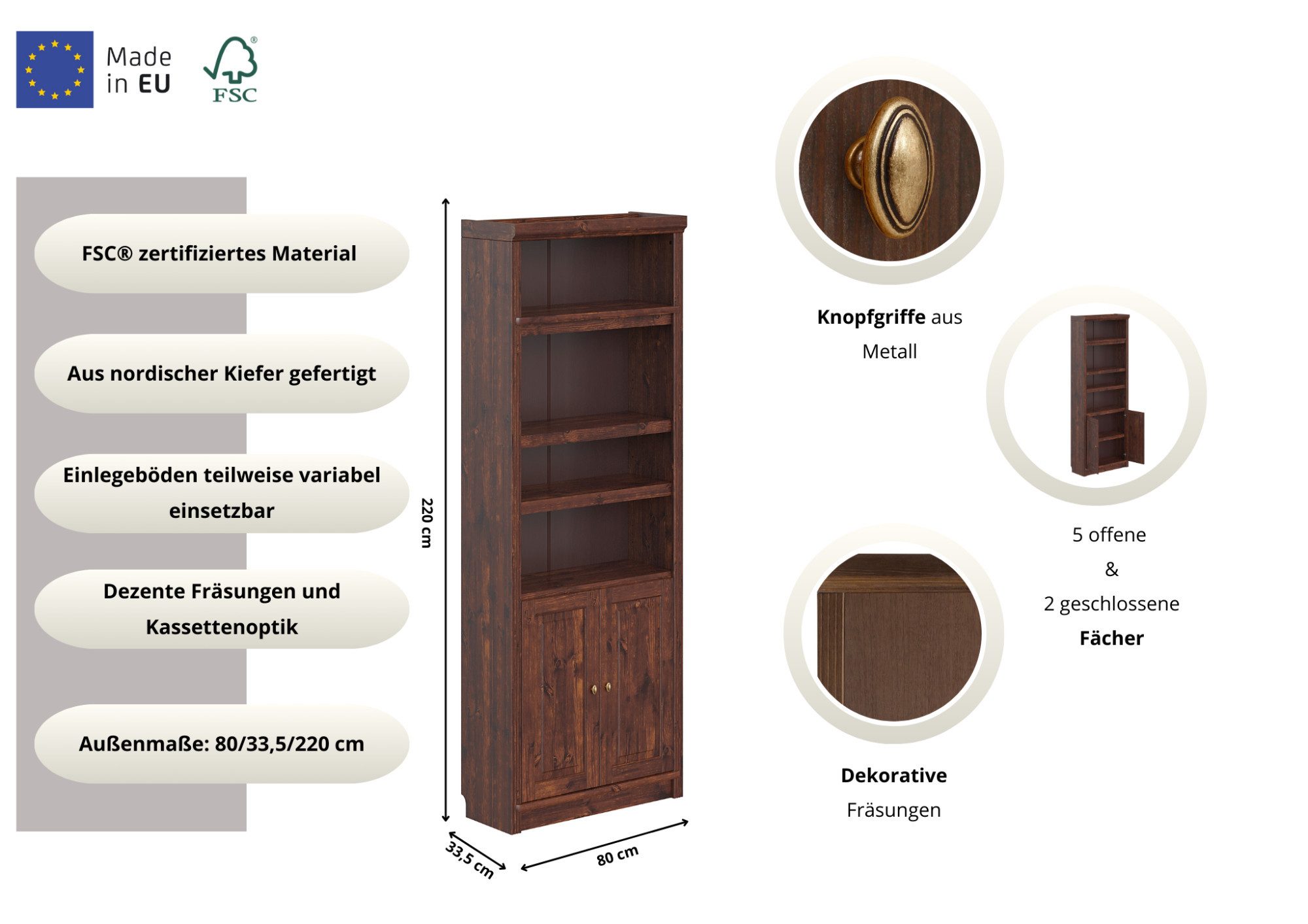 OTTO home Bücherregal Soeren, aus massiver Kiefer, FSC®-zertifiziert, Tiefe 33,5 cm