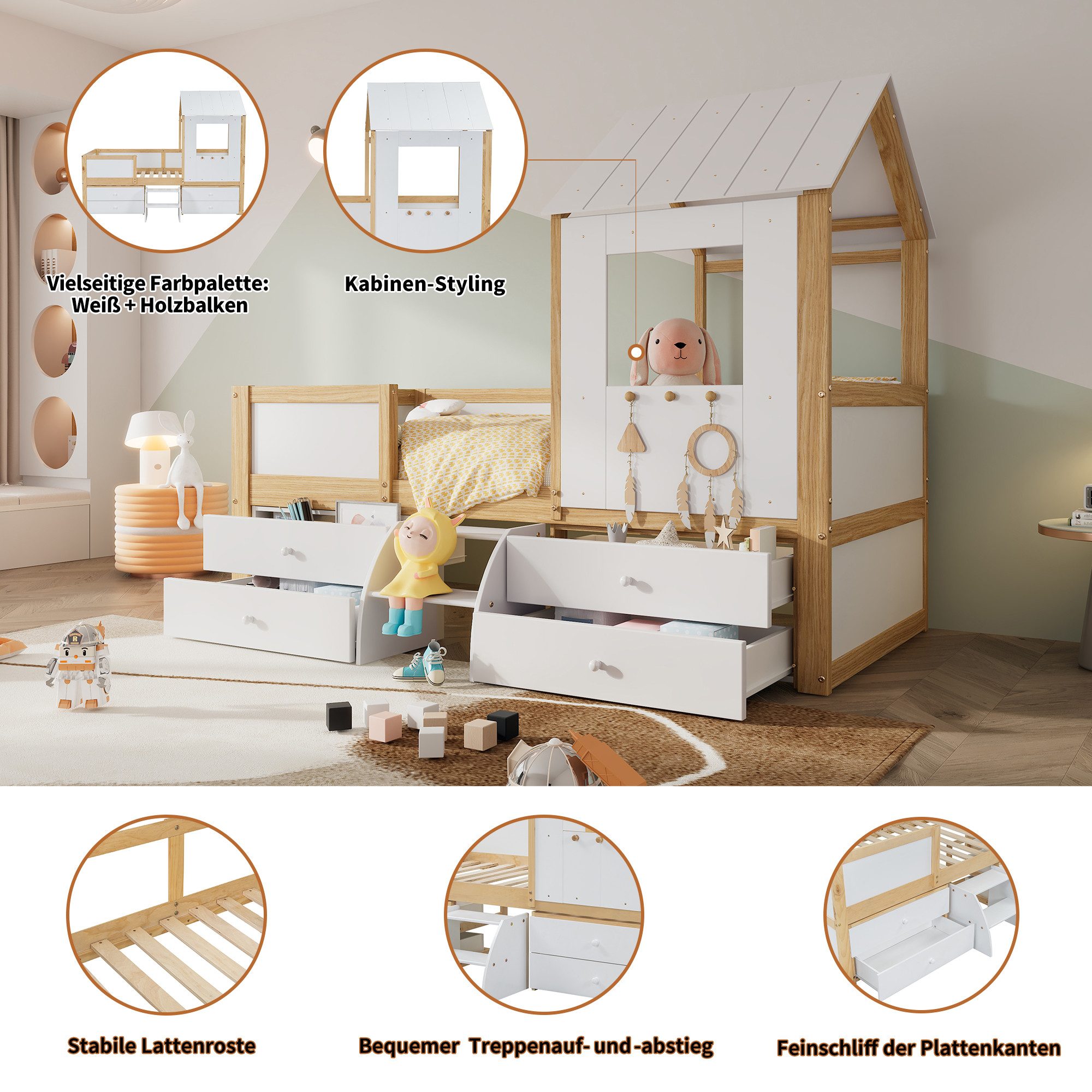Flieks Loft Bed Children's Bed House Bed 90x200cm with 4 Drawers and Small Staircase