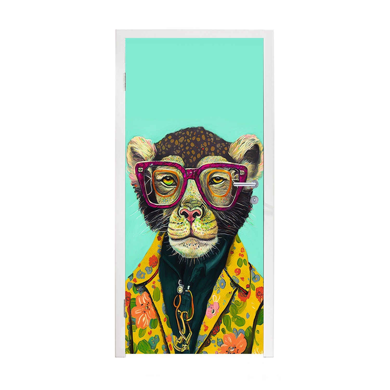MuchoWow Türtapete Design - Rosa - Brille - Affe - Tiere, Matt, bedruckt, (1 St), Fototapete für Tür, Türaufkleber, 75x205 cm