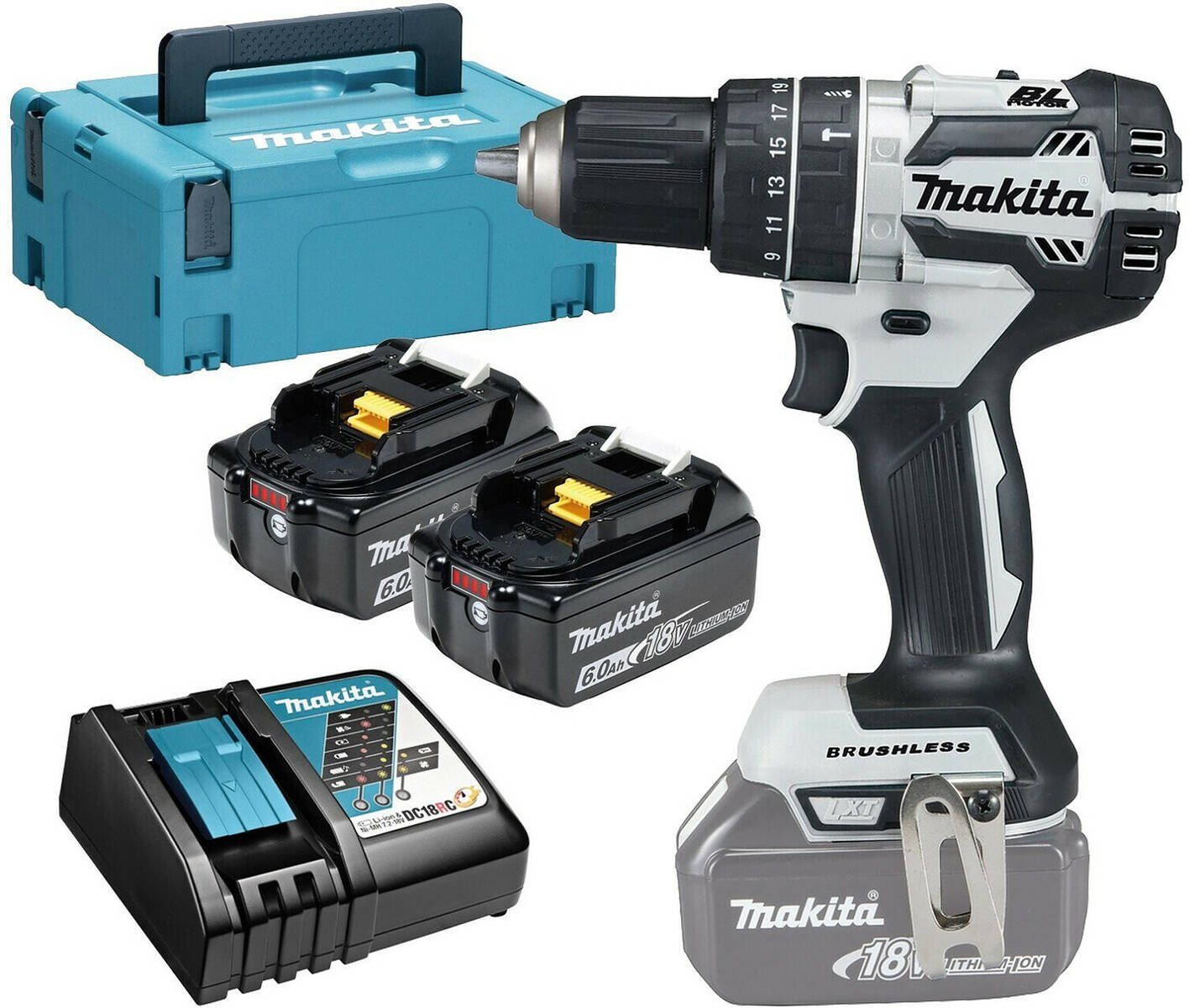 Makita Akku-Schlagbohrschrauber DHP484RGJW, 18 V, max. 2000 U/min, (Komplett-Set, inkl. MAKPAC mit 2x Akku BL1860B und Ladegerät), Tiefentladeschutz, bürstenloser Motor, LED-Licht