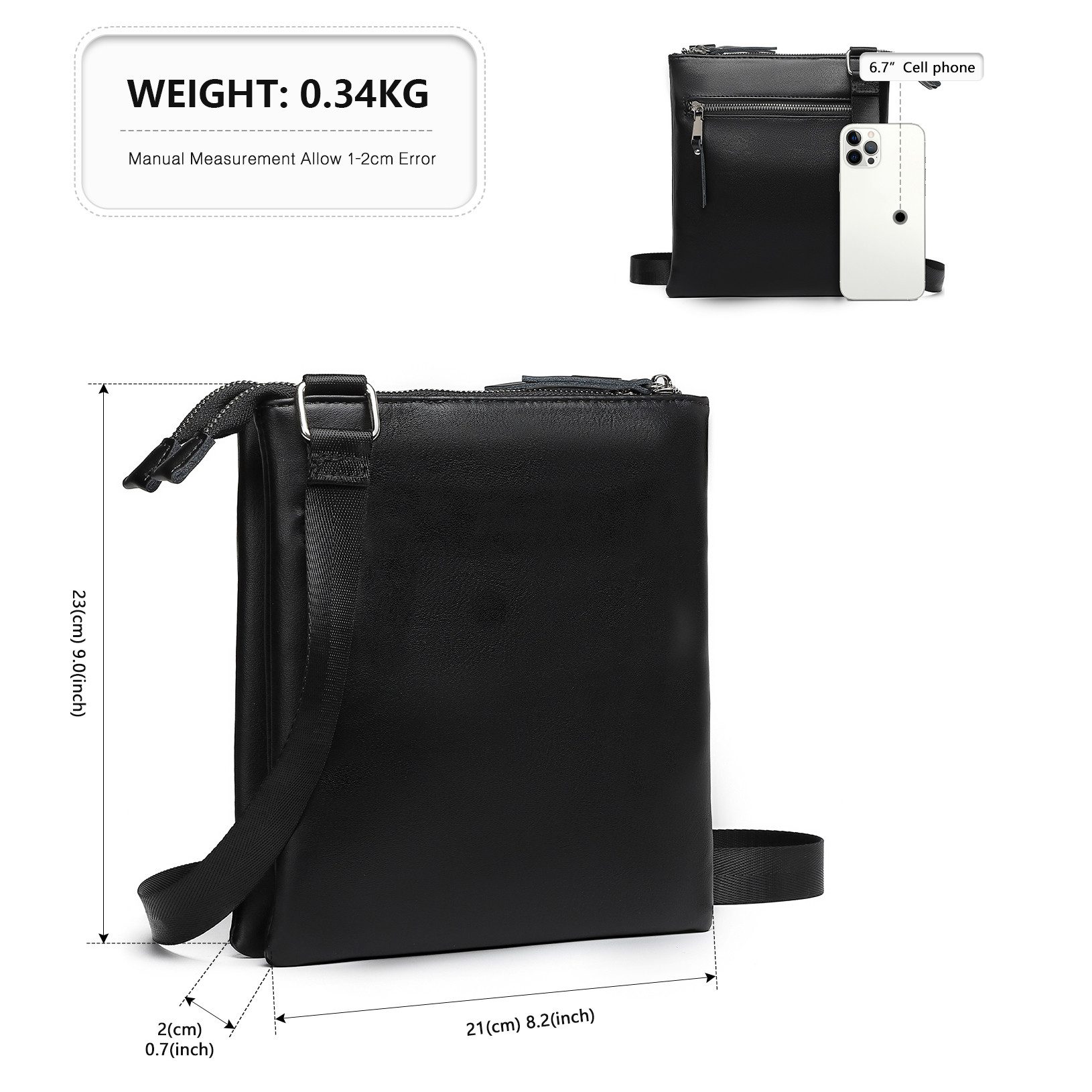 Miss Lulu Umhängetasche Damen Handytasche in Schwarz mit verstellbarem Riemen