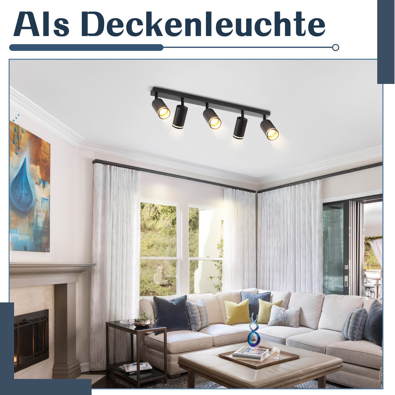ZMH Deckenstrahler 5 Flammig Schwarz/Weiß GU10 Spots Deckenlampe für Schlafzimmer, Große Anwendungsbereichen, ohne Leuchtmittel, Flurlampe Einstellbar Innen Dec – Bild 5 von 5