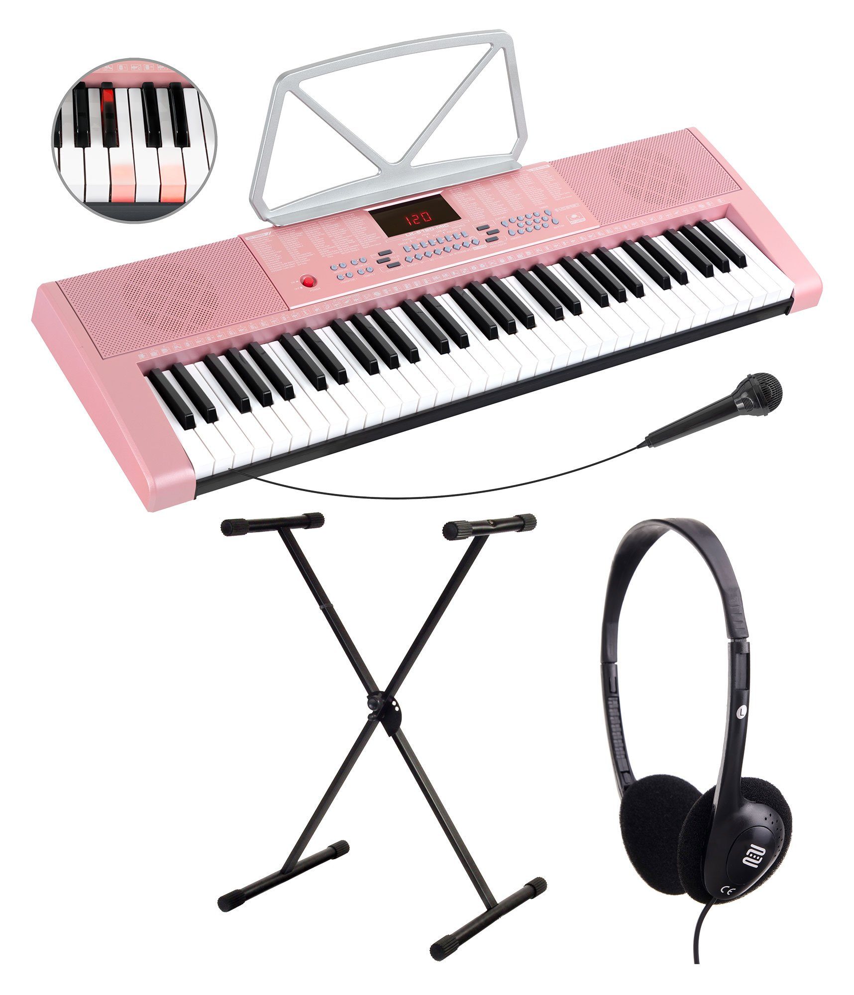 McGrey Home-Keyboard LK-6120-MIC - Einsteiger-Keyboard mit 61 Leuchttasten (Spar-Set, 3-St., Inkl. Mikrofon, Ständer und Notenhalter), 255 Sounds und Rhythmen - 50 Demo Songs mit Lernfunktionen