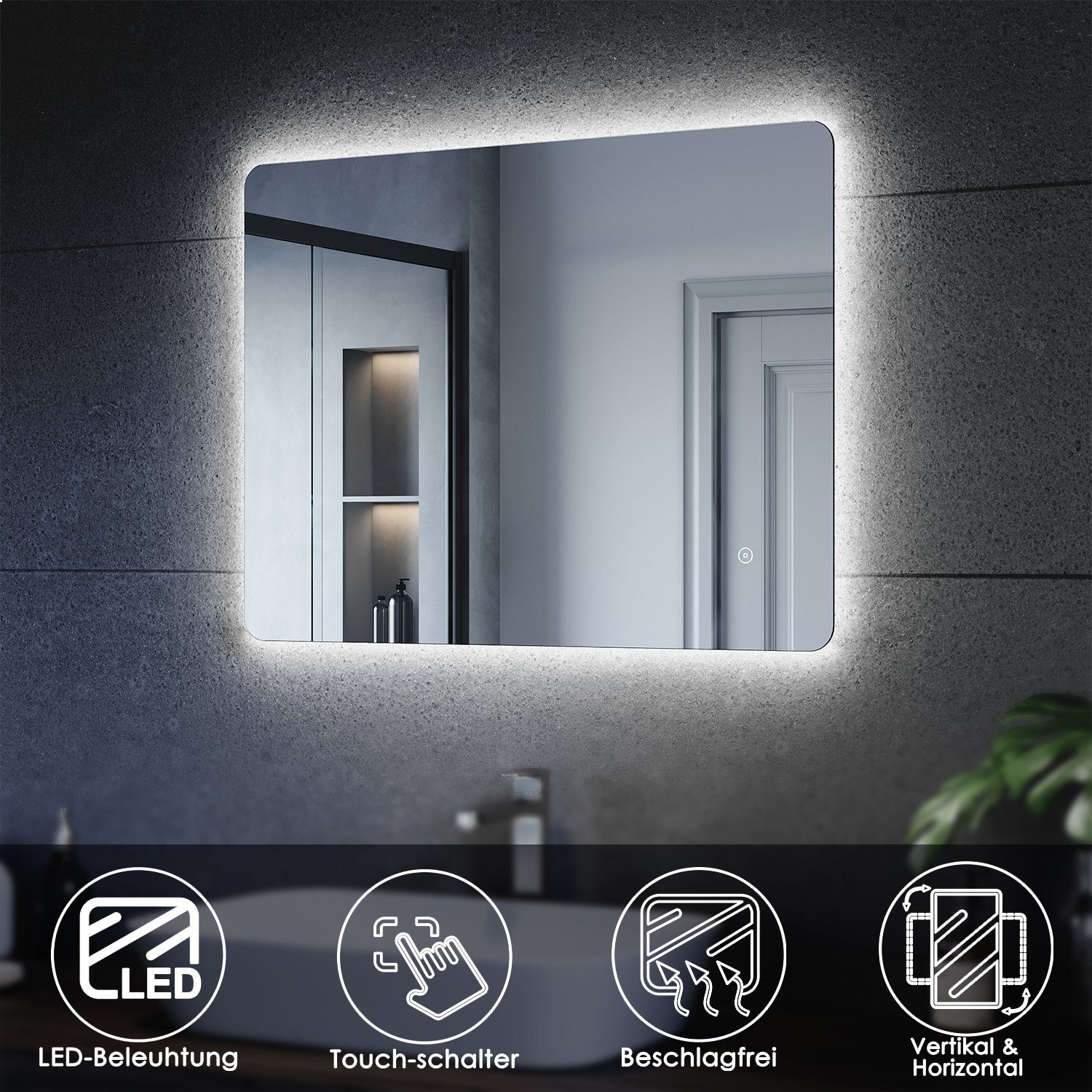 SONNI Зеркало для ванной комнаты LED Зеркало, 80 x 60 cm, Lichtspiegel, Косметички, Antibeschlage, Wandmontage, Badezimmer,Touch Schalter, Wandschalter
