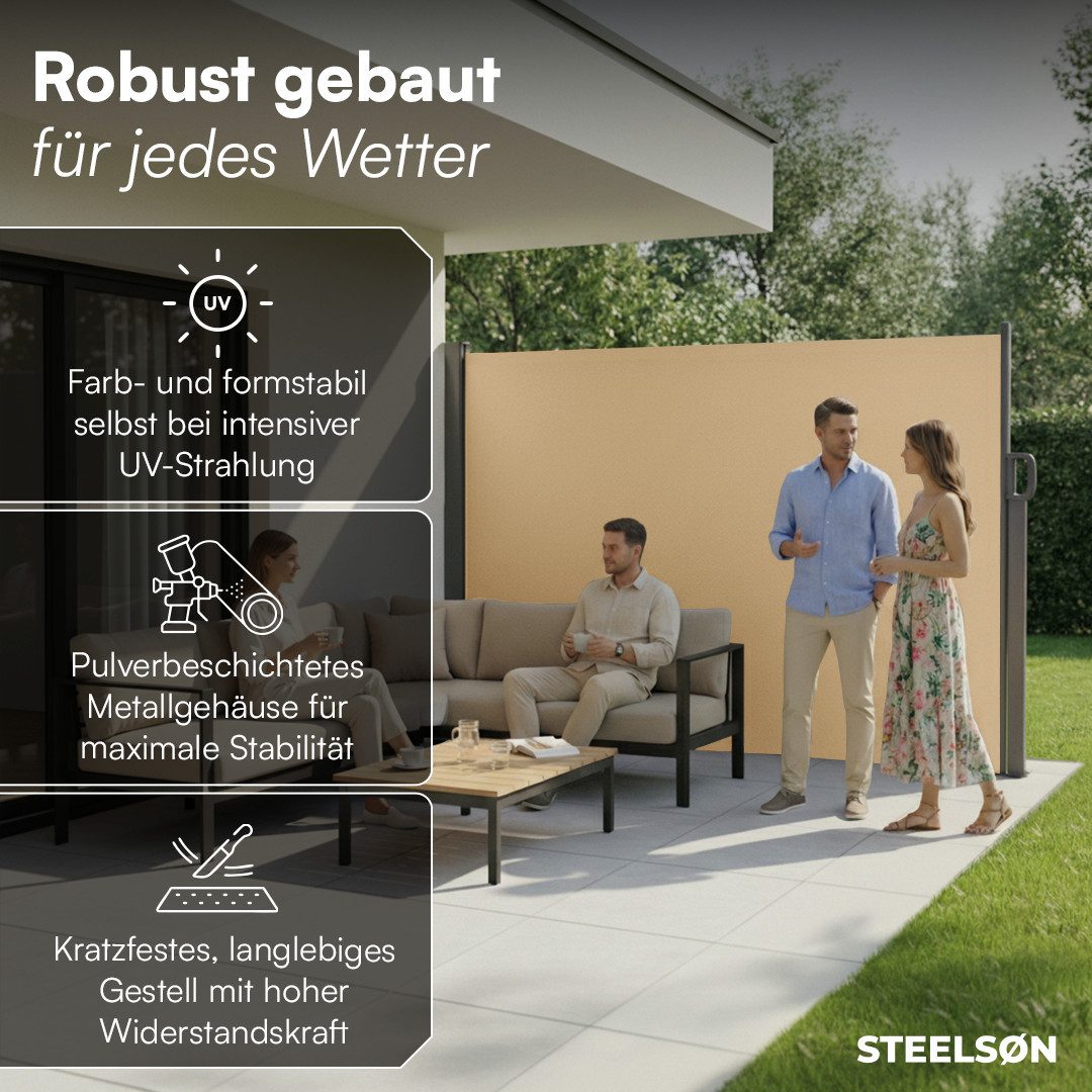 STEELSØN Seitenmarkise Zirella mit individuell einstellbarer Länge (beige, 160x485 cm) Windschutz mit Griff, Sichtschutz ausziehbar, für Garten/Terrasse – Bild 2 von 5