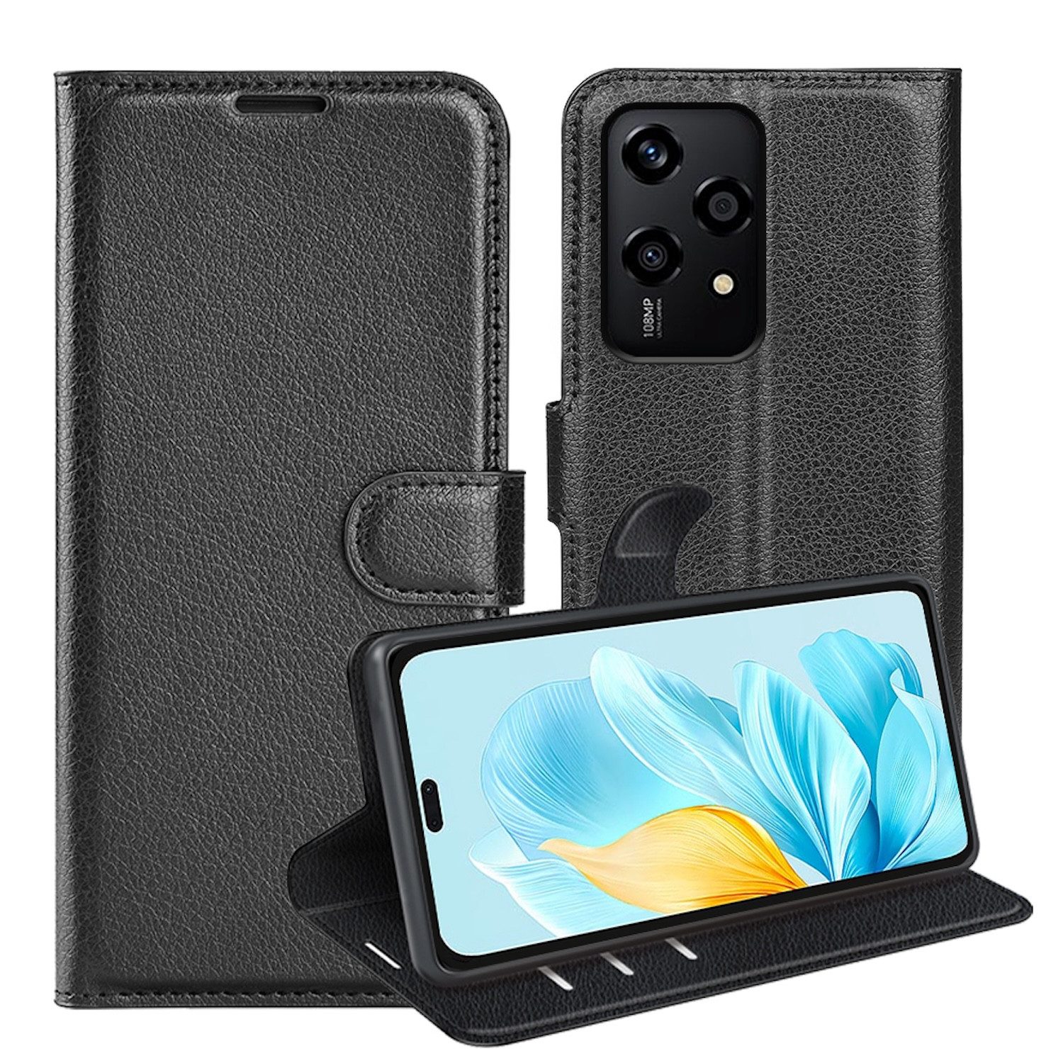 Wigento Smartphone-Hülle Für Honor 200 Lite Kunst-Leder Book Wallet Tasche Handy Case Schwarz