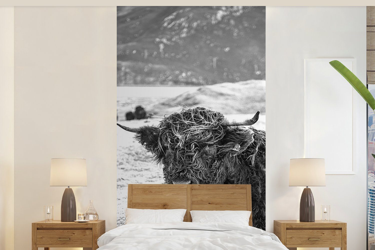 MuchoWow Fototapete Schottischer Highlander - Berg - Tiere, Matt, bedruckt, (2 St), Vliestapete für Wohnzimmer Schlafzimmer Küche, Fototapete