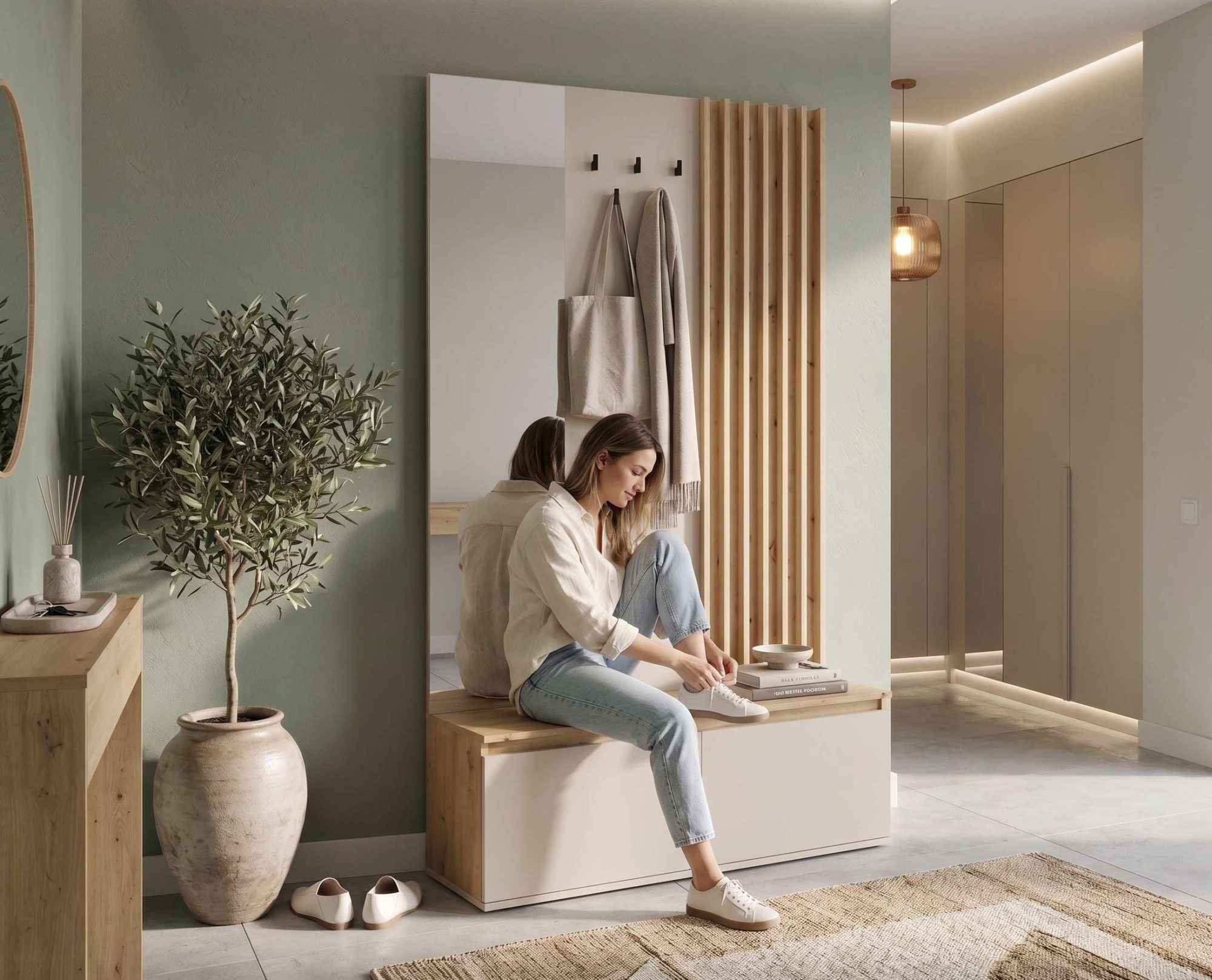 Home affaire Garderobenpaneel LANDUVA Garderobe mit Schuhschrank, Spiegel und Haken, Breite 120 cm, Garderoben-Set, Kompaktgarderobe, mit Sitzbank, Lamellen Design