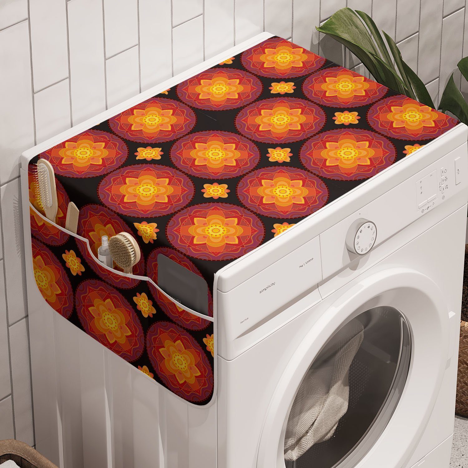 Orange für Waschmaschine Blumendruck Ethnischer Anti-Rutsch-Stoffabdeckung Abakuhaus Trockner, Mandala und Badorganizer