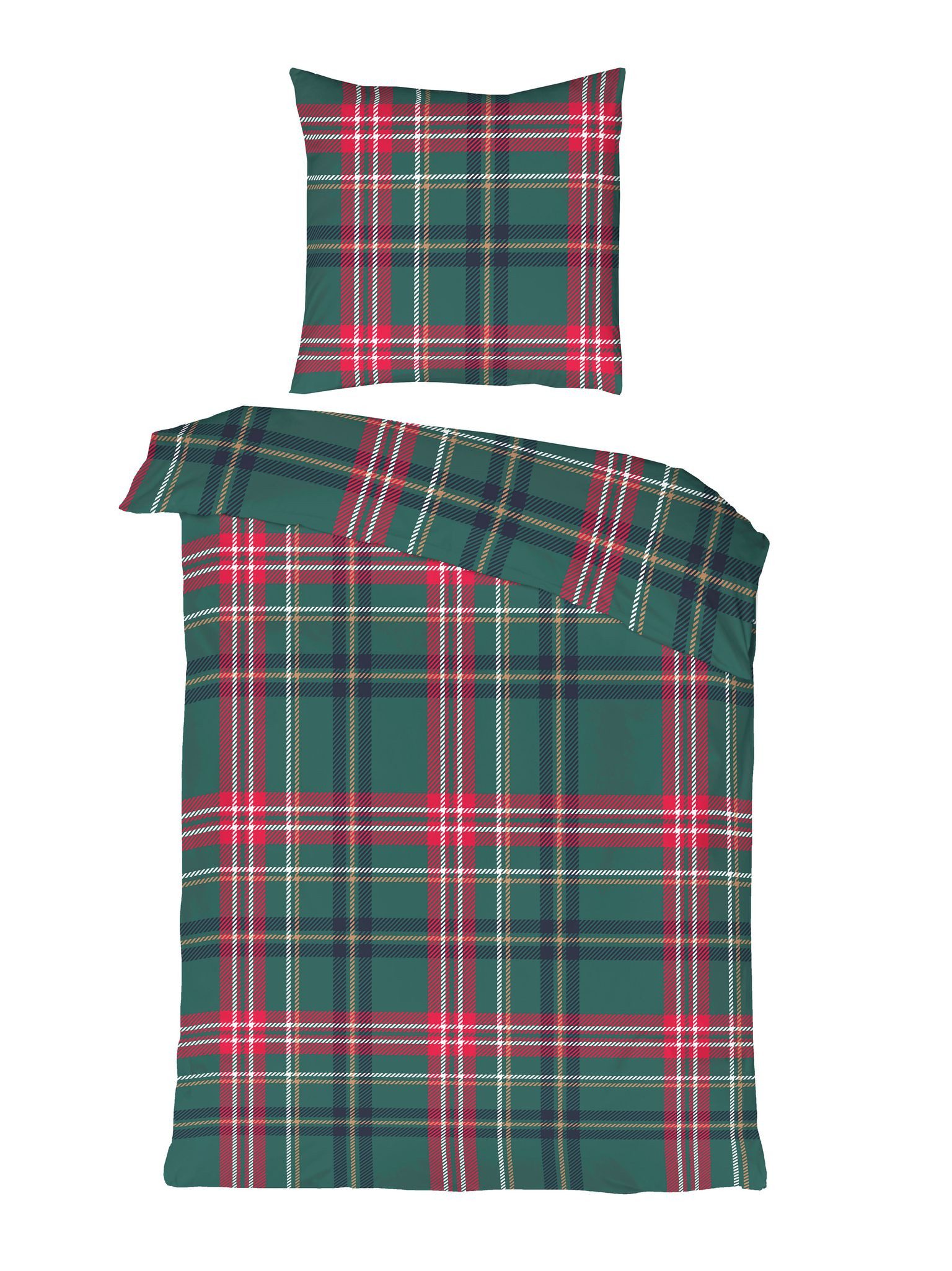 JACK Bettwäsche 135x200cm, Tartan Spirits Kariert Rot Grün, Flanell, 2 teilig, mit klassisch schickem Karo Design