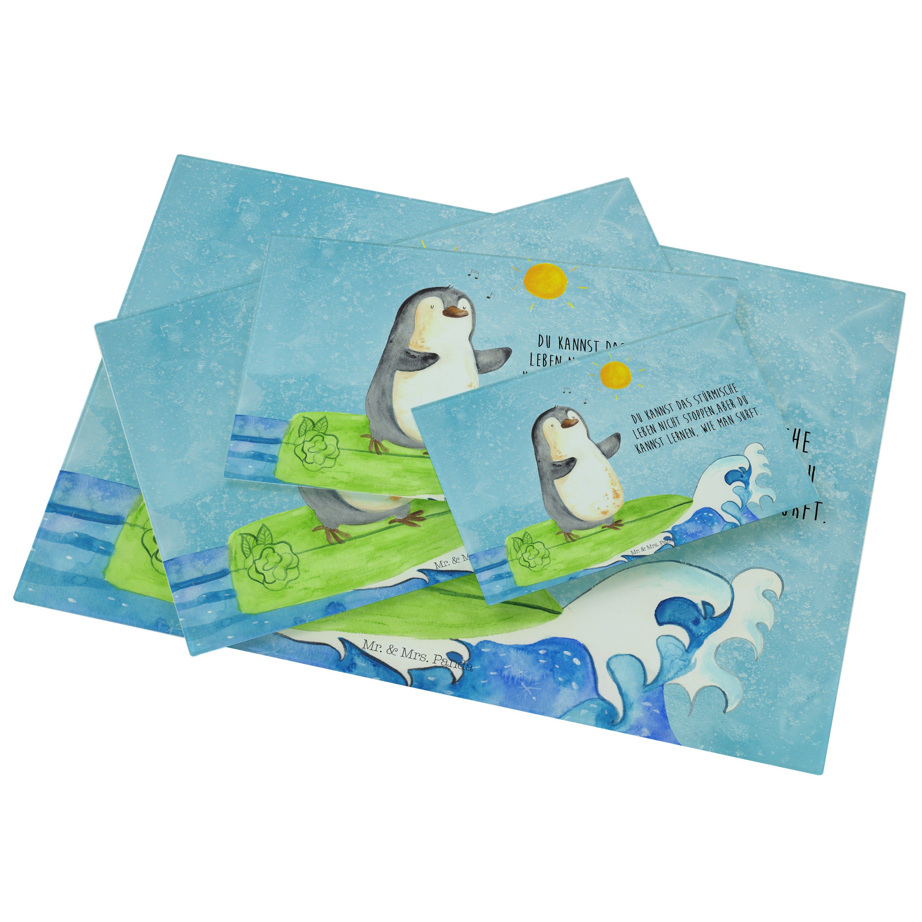 Servierbrett Pinguin Surfer Geschenk, optimistisch, Mr. - Glasschneidebrett, (1-St) Eisblau & Premium Glas, Mrs. Panda -