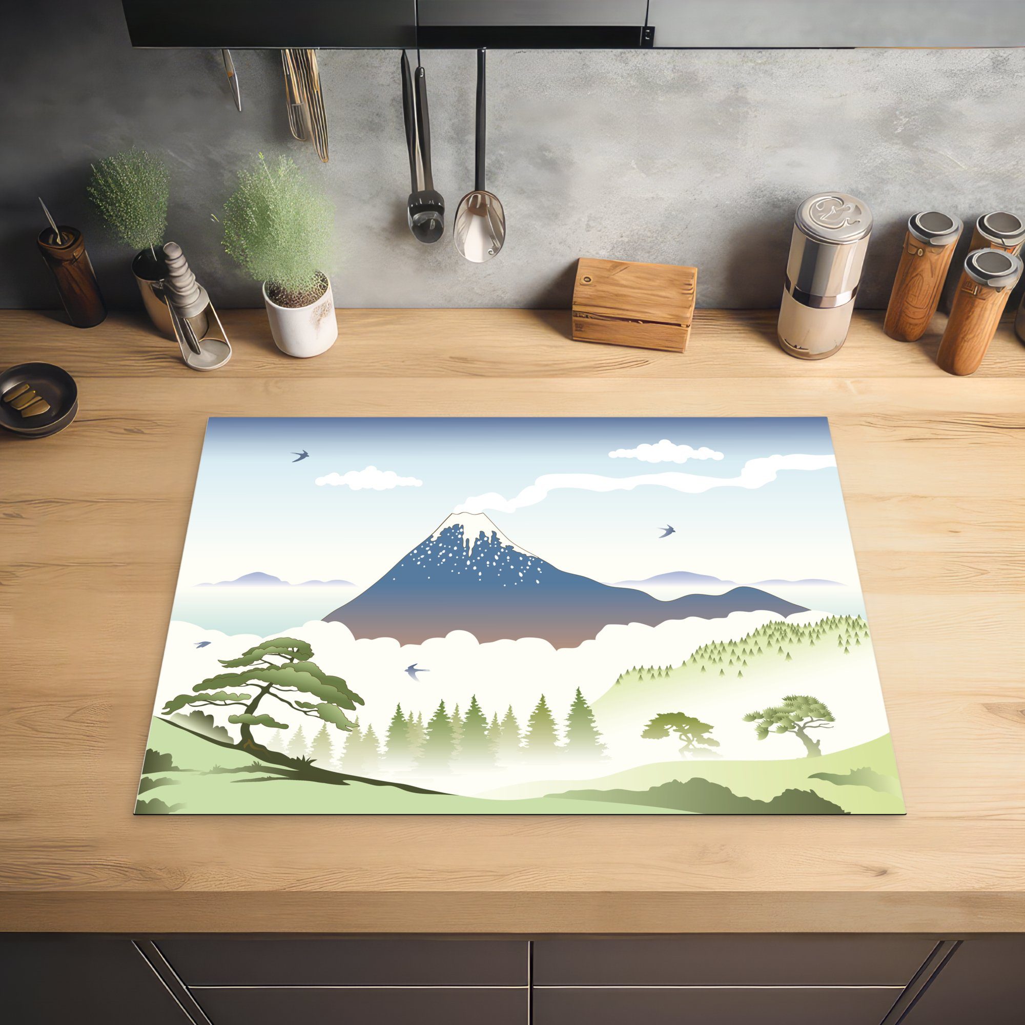 MuchoWow Herdblende-/Abdeckplatte Eine Illustration eines 70x52 Vinyl, Landschaft, nutzbar, tlg), Arbeitsfläche Vulkans Ceranfeldabdeckung Mobile in (1 einer japanischen cm