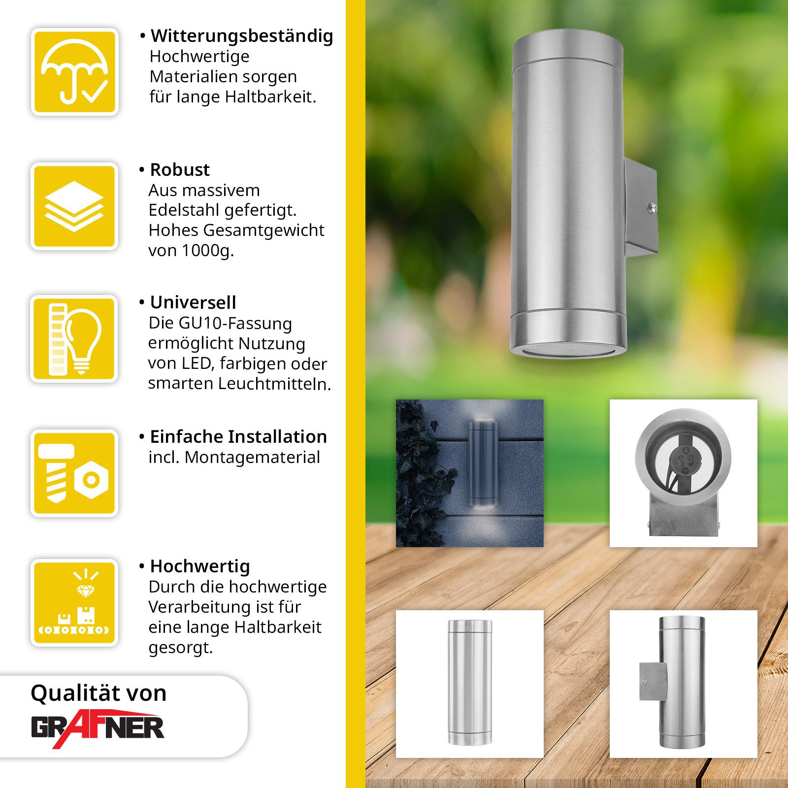 Grafner Außen-Wandleuchte Wandlampe Edelstahl Leuchte Lichtschein günstig online kaufen