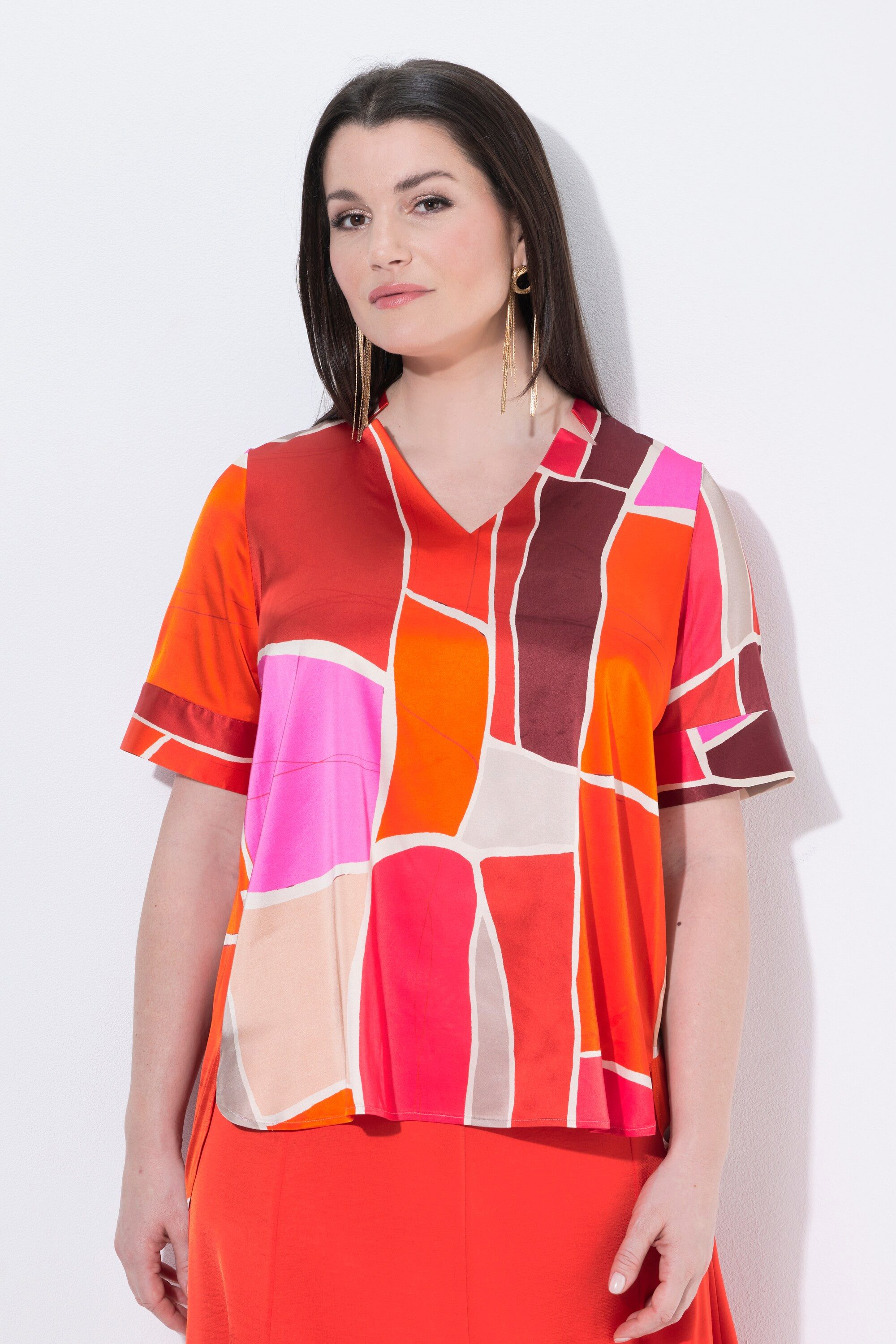 Ulla Popken Spitzenbluse Blusenshirt bedruckt A-Linie V-Ausschnitt Halbarm